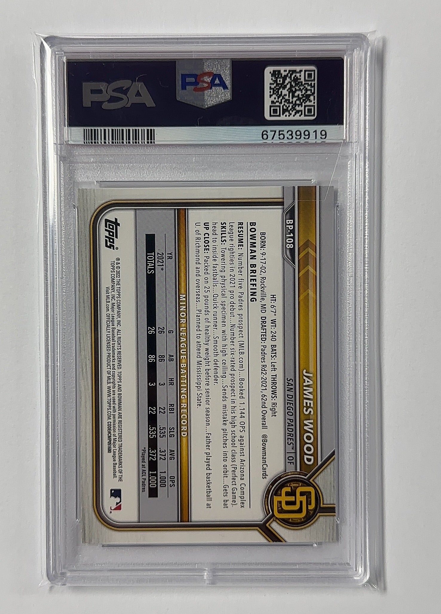 James Wood - PSA 10 Paper Prospects — back