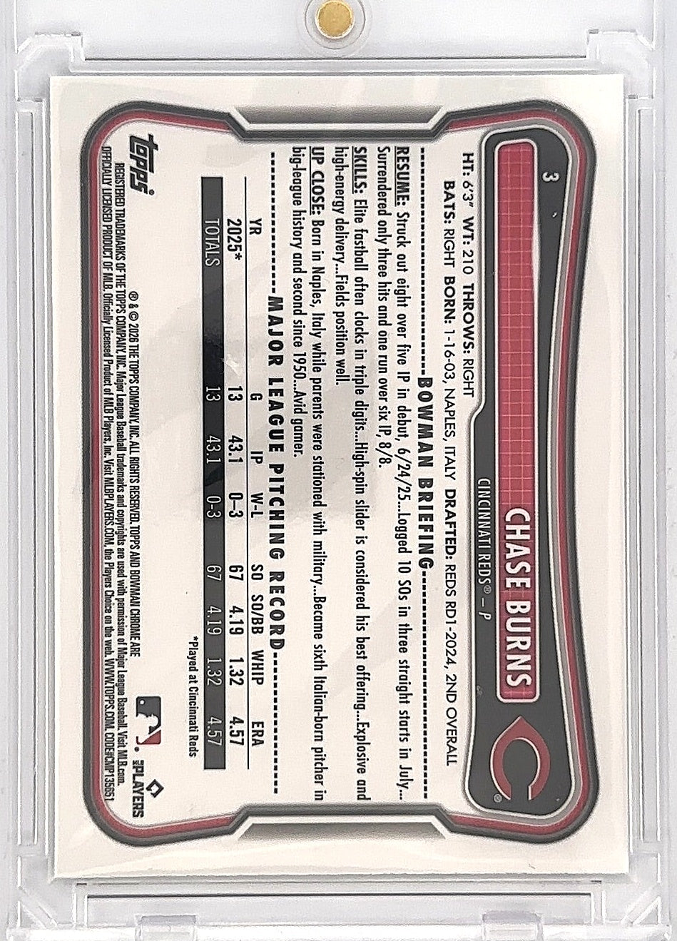 Chase Burns Bowman Chrome /275 — back