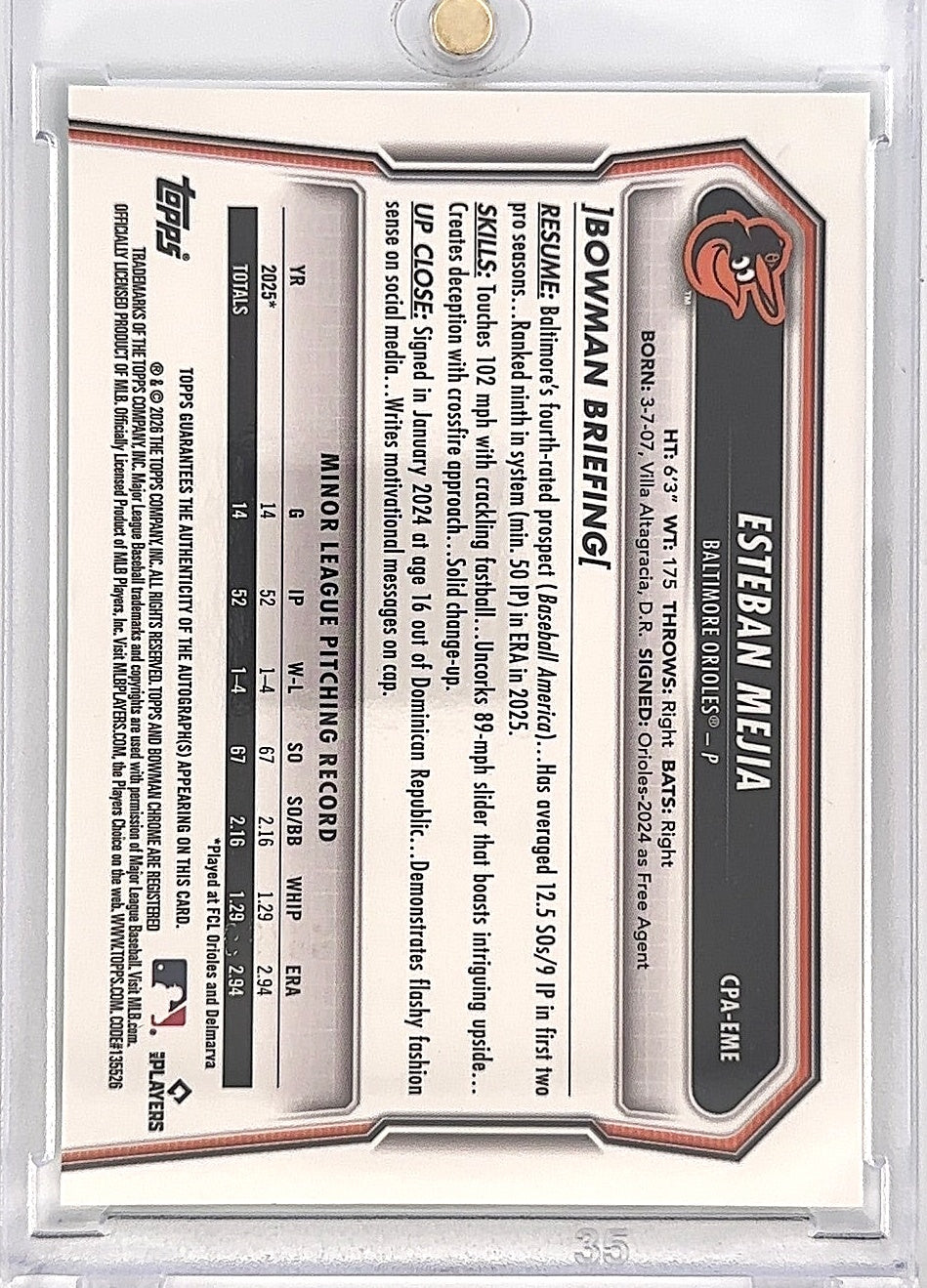 2026 Bowman Chrome Prospect Autograph Esteban Mejia Green Lava 43/99 #CPA-EME — back