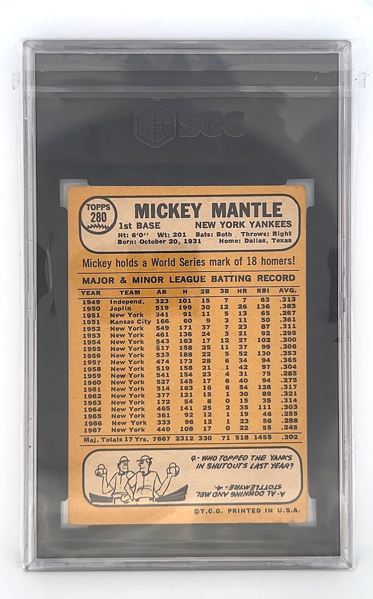 1968 Topps Mickey Mantle #280 — back