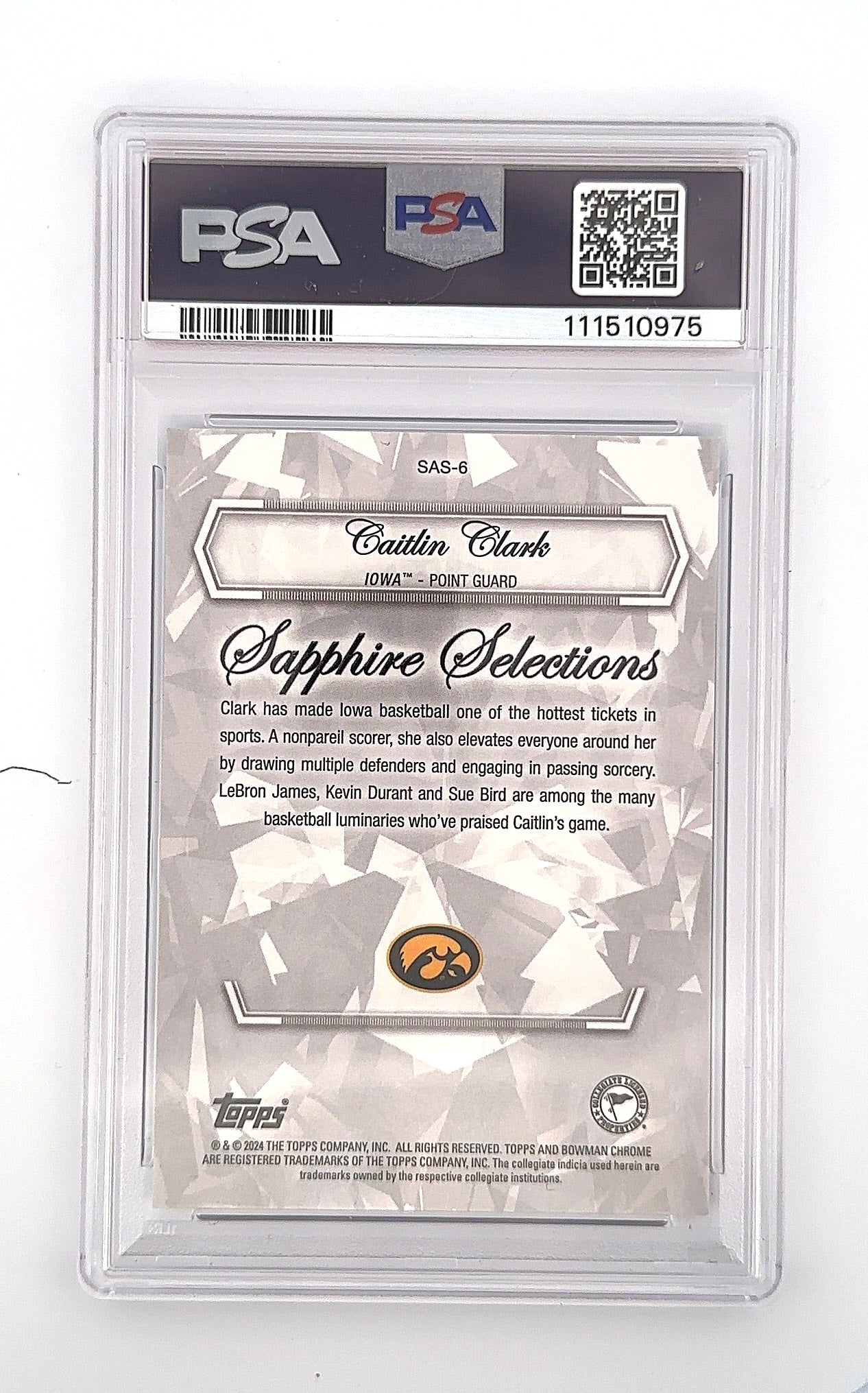 Caitlin Clark 2023 Sapphire Selections PSA GEM MT 10 — back