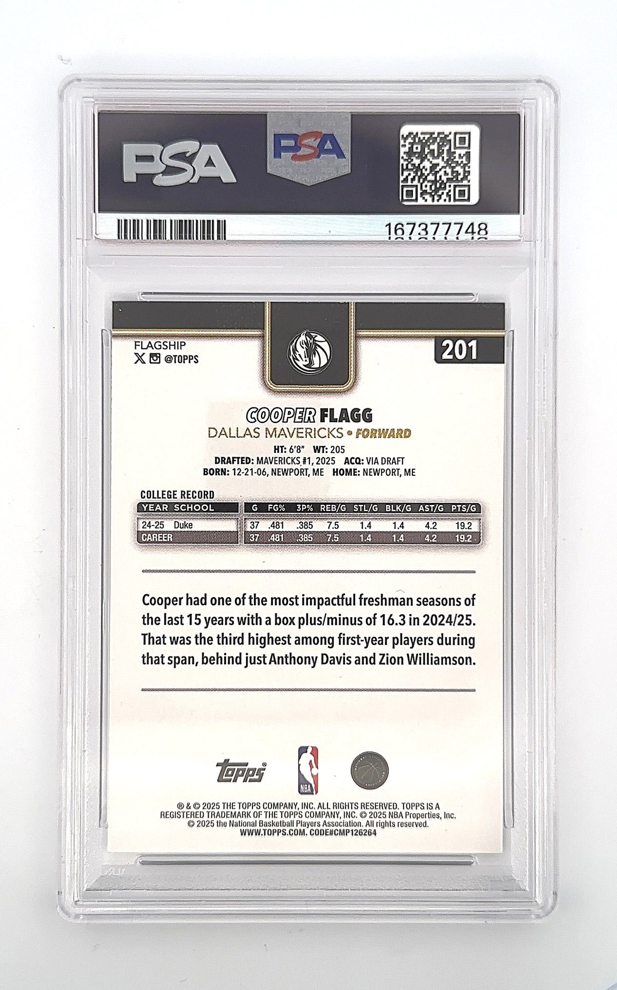 2025 Topps Cooper Flagg [Blackout] #201 PSA 9 — back