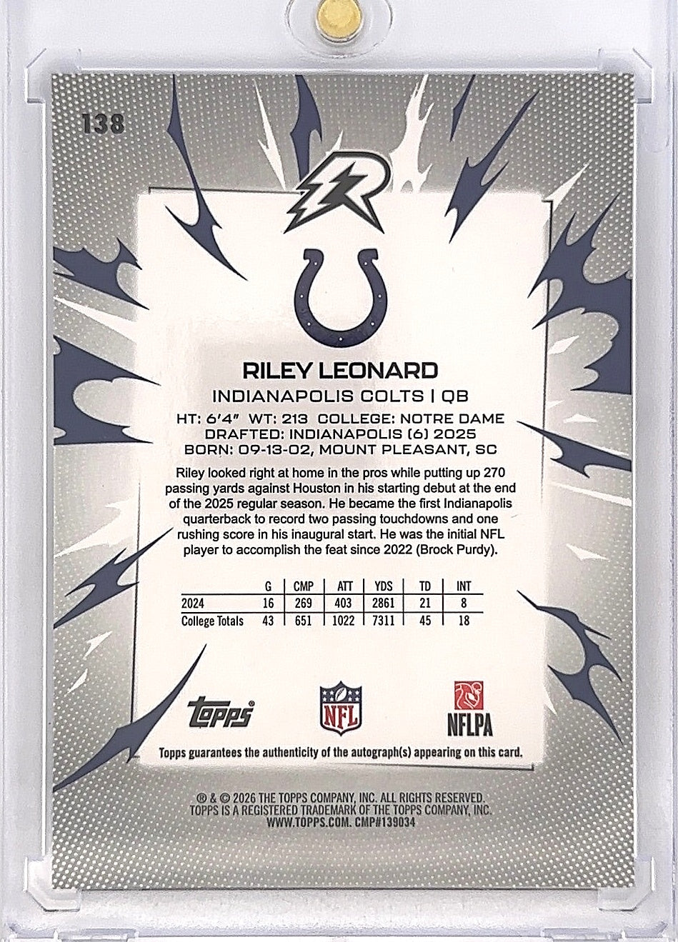 2025 Topps Resurgence Riley Leonard [Blue Surge Signature] #138 — back