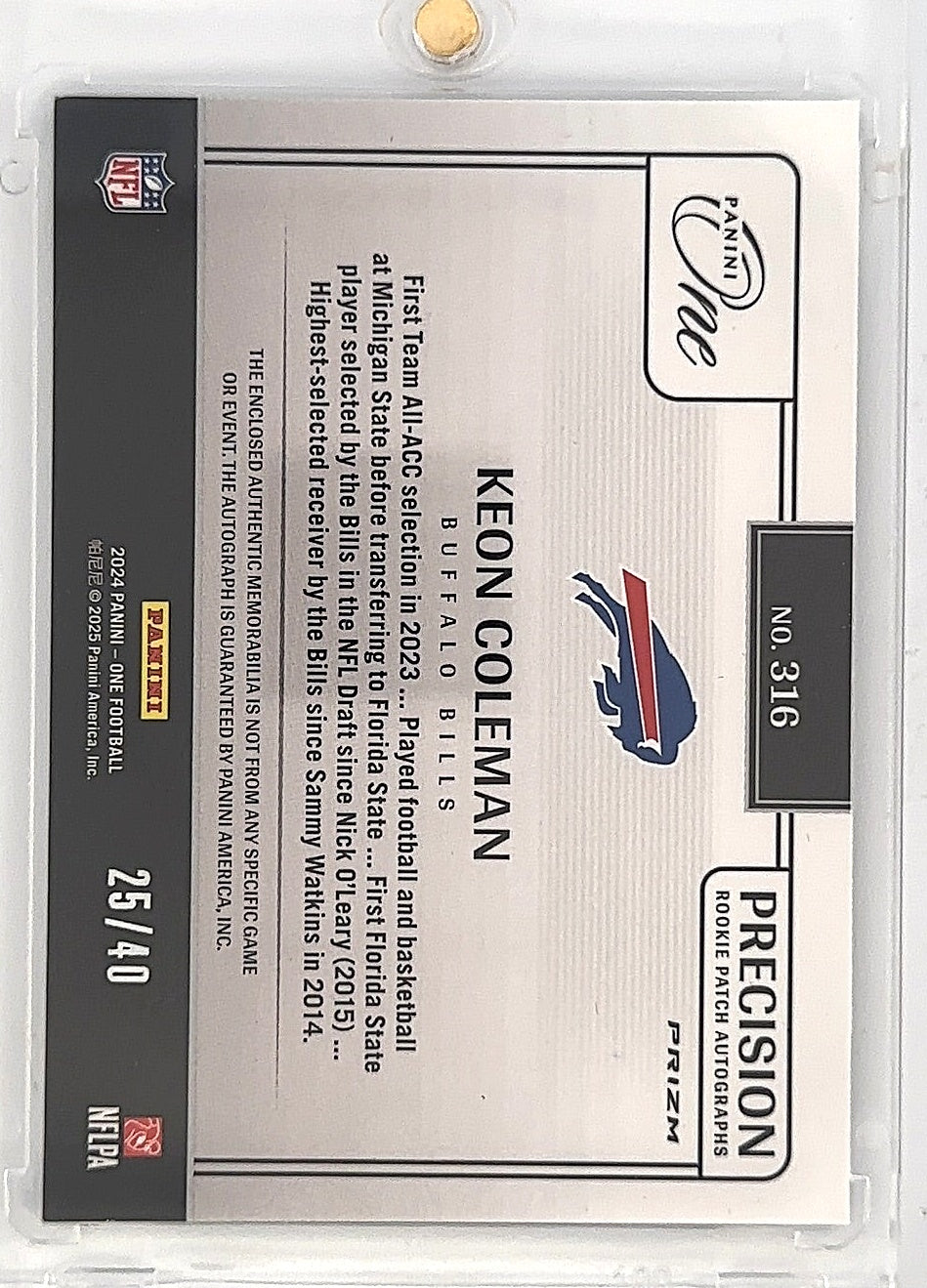 2024 Panini One Keon Coleman /40 [Precision Rookie Patch Autograph] #316 — back