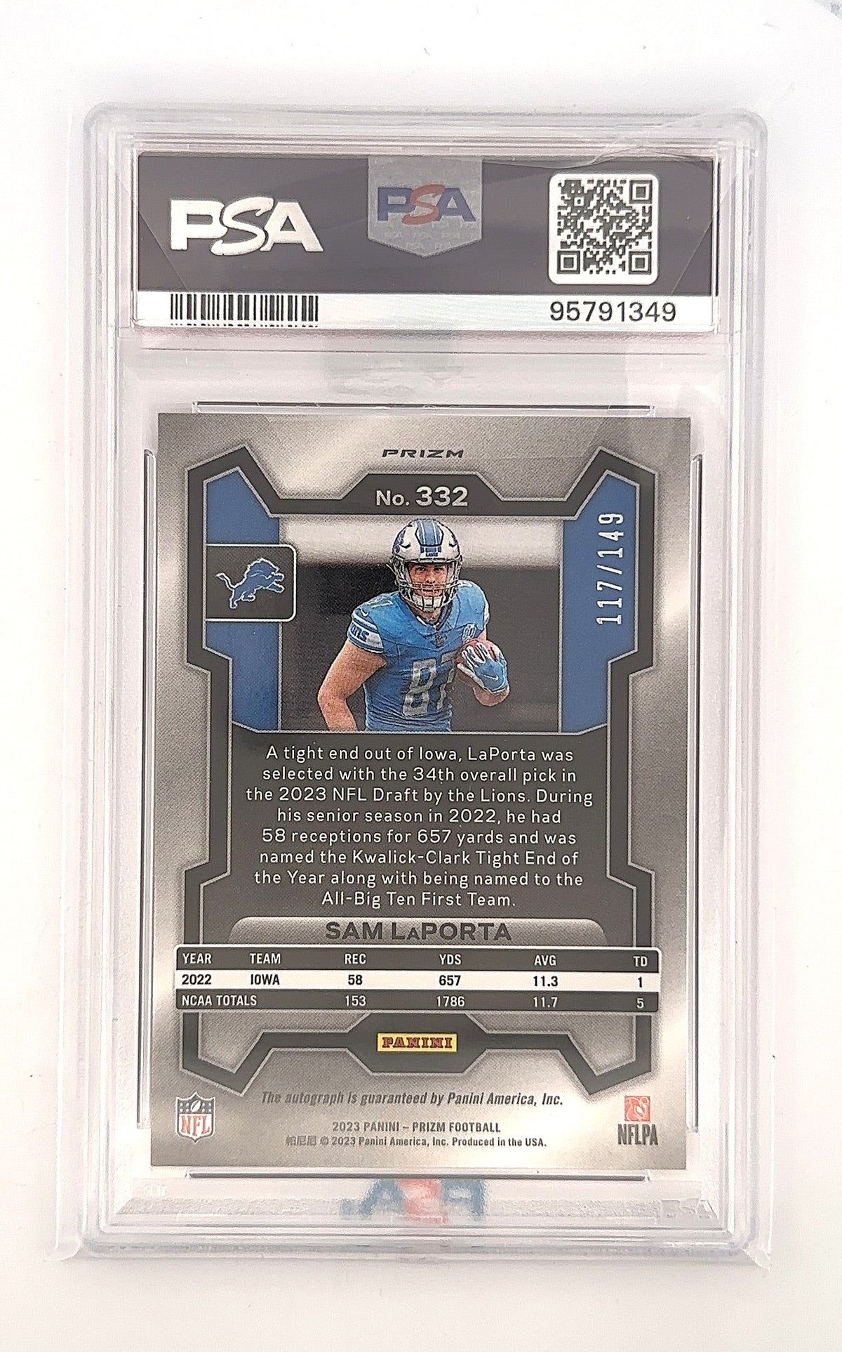 2023 Panini Prizm Sam LaPorta [Autograph Red Wave] #332 PSA 9 — back