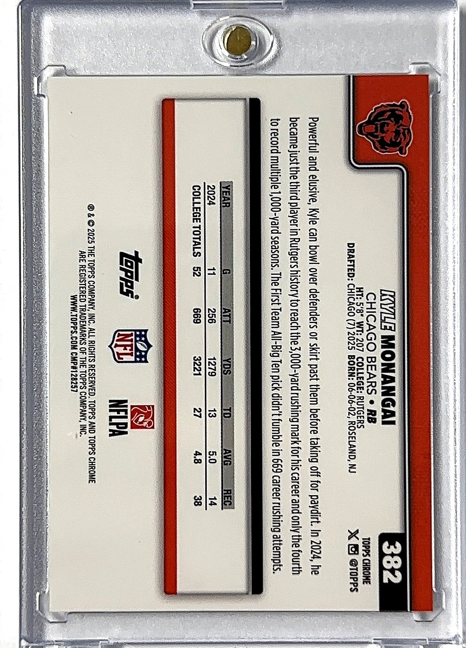 2025 Topps Chrome Kyle Monangai [Neon Pulse Refractor] #382 RC — back