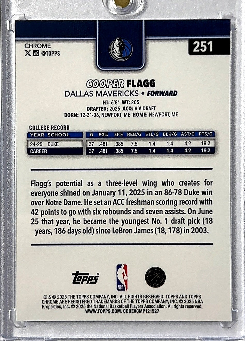 2025 Topps Chrome Cooper Flagg #251 RC — back