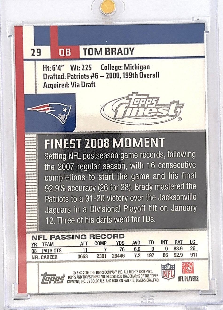 2009 Topps Finest Tom Brady #29 — back