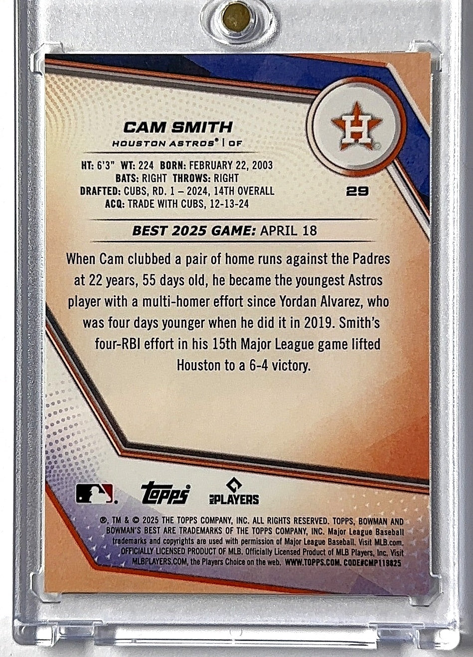 2025 Bowman's Best Cam Smith /75 #29 RC — back