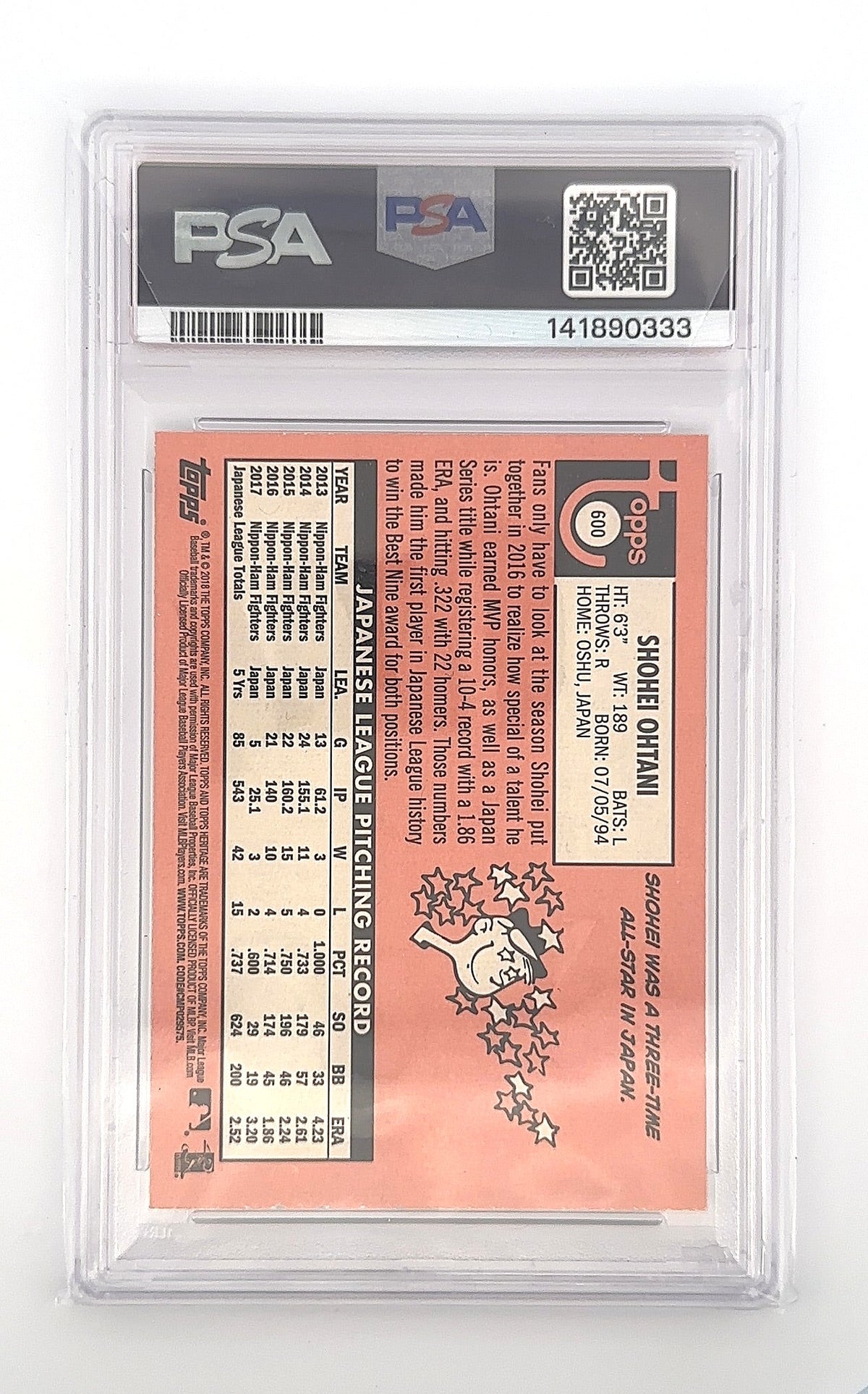 2018 Topps Heritage Shohei Ohtani #600 PSA 8 — back