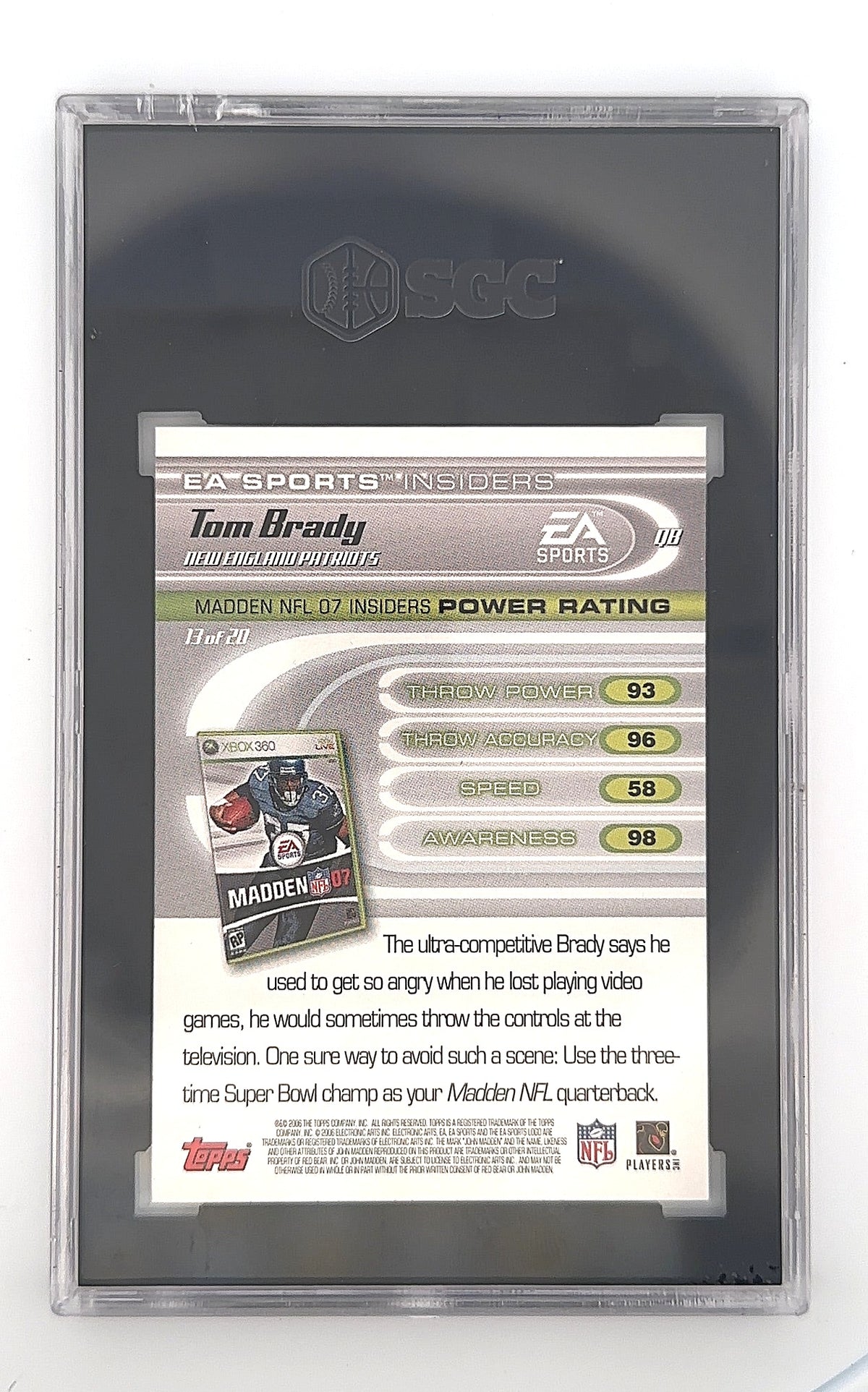 Tom Brady 2006 Topps EA Sports Madden 07 #13 SGC NM/MT+ 8.5 — back
