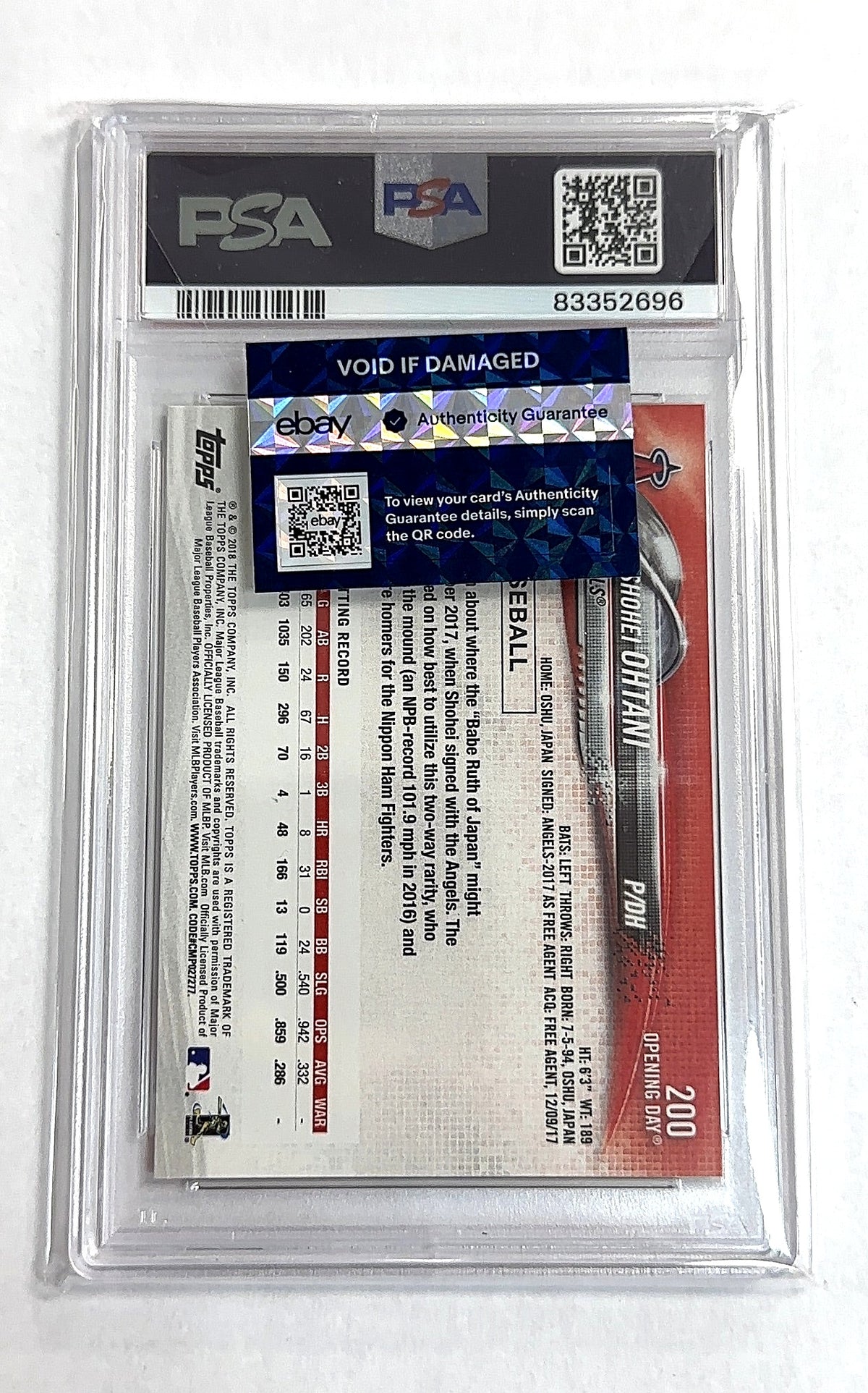 2018 Topps Opening Day Shohei Ohtani #200 RC PSA 10 — back