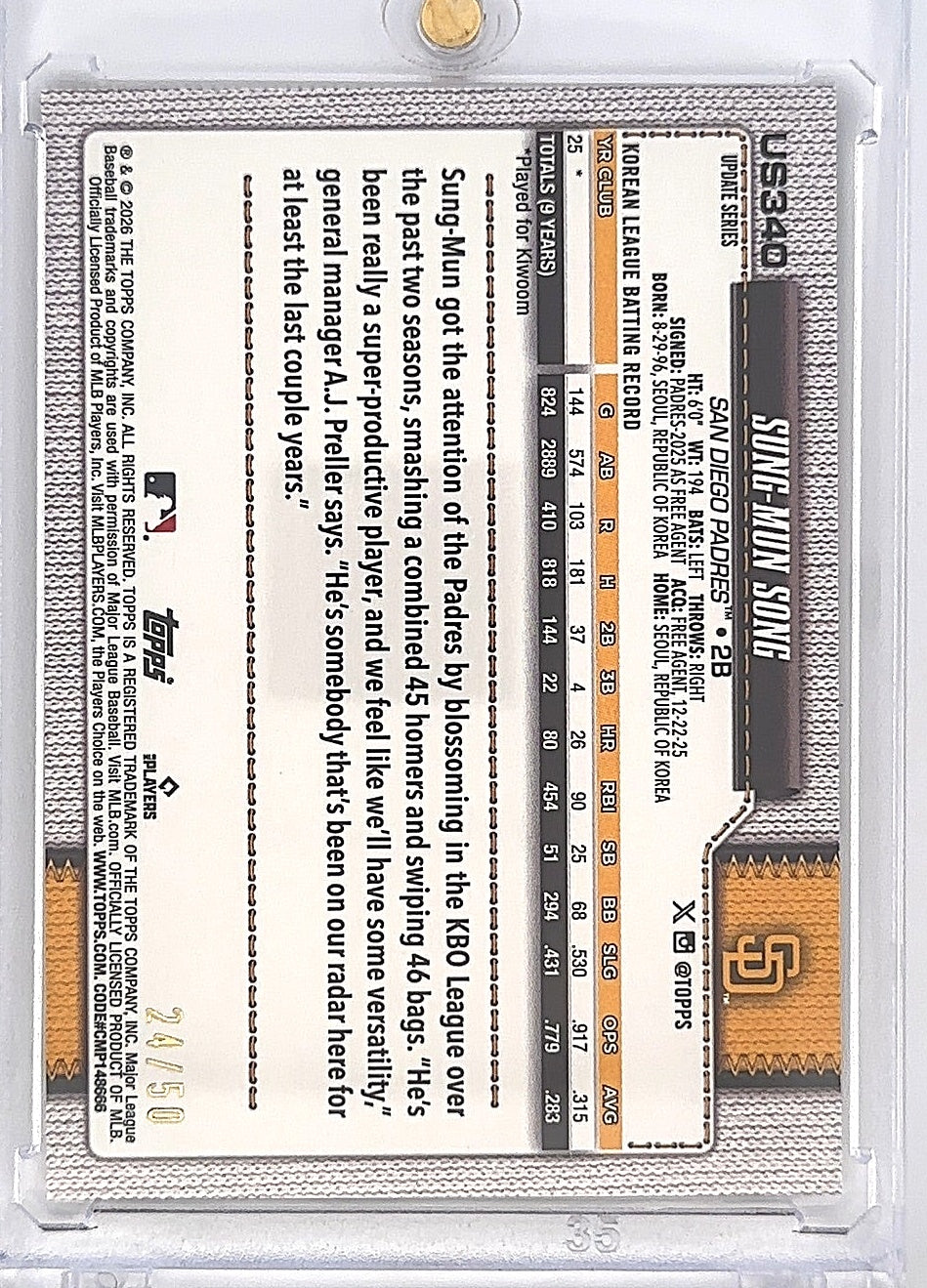 2026 Topps Update Sung-Mun Song [Gold] #US340 — back
