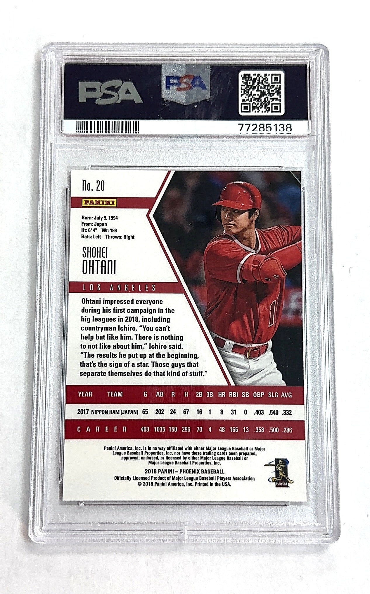 2018 Panini Chronicles Phoenix Shohei Ohtani #20 RC PSA 9 — back