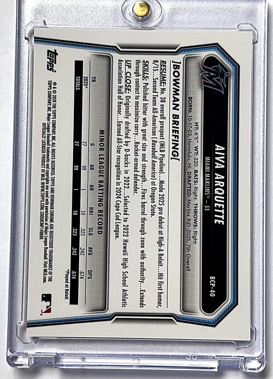 2026 Bowman Chrome Prospect Aiva Arquette [Gold Mojo Refractor] #BCP-40 — back
