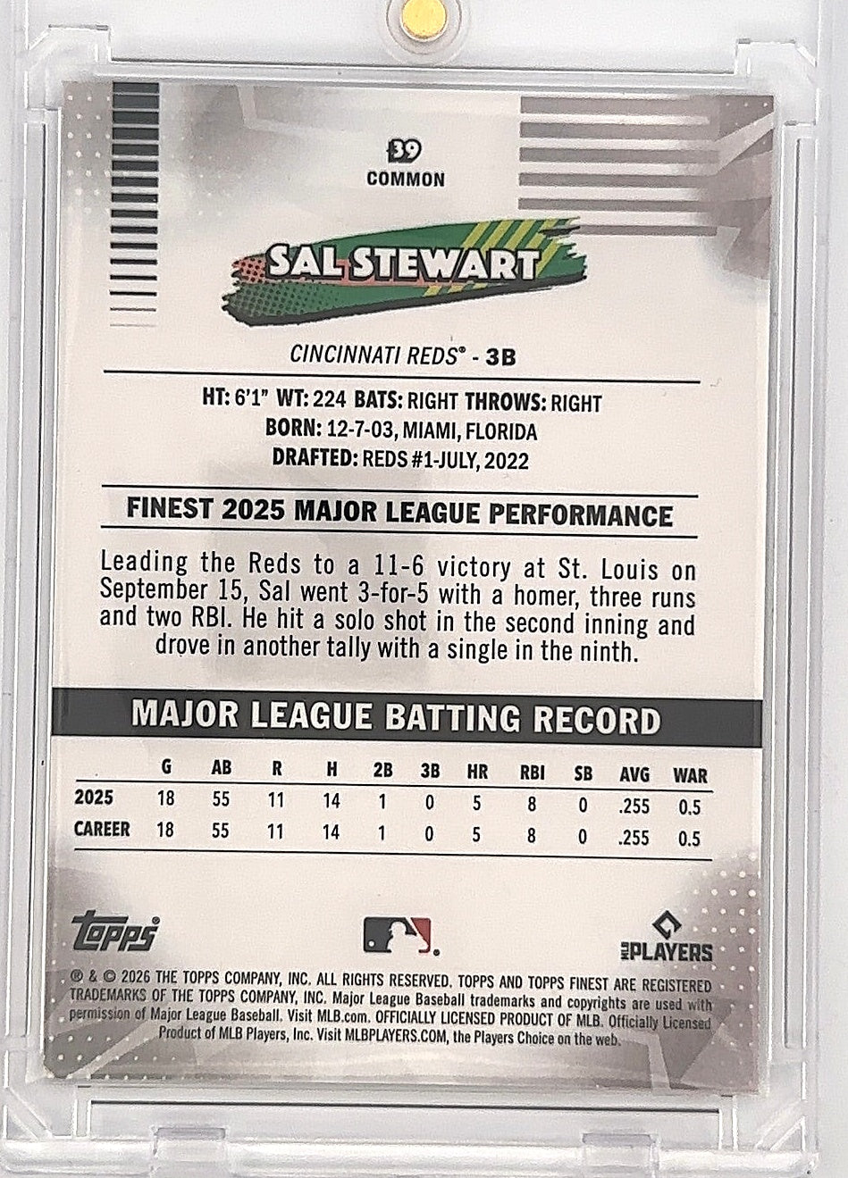 2026 Topps Finest Sal Stewart [Purple Mini Diamond Refractor] #39 — back
