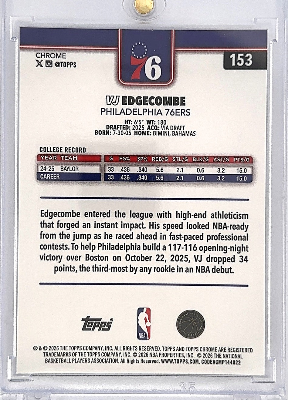 2025 Topps Chrome Update VJ Edgecombe [X-Fractor] #153 — back