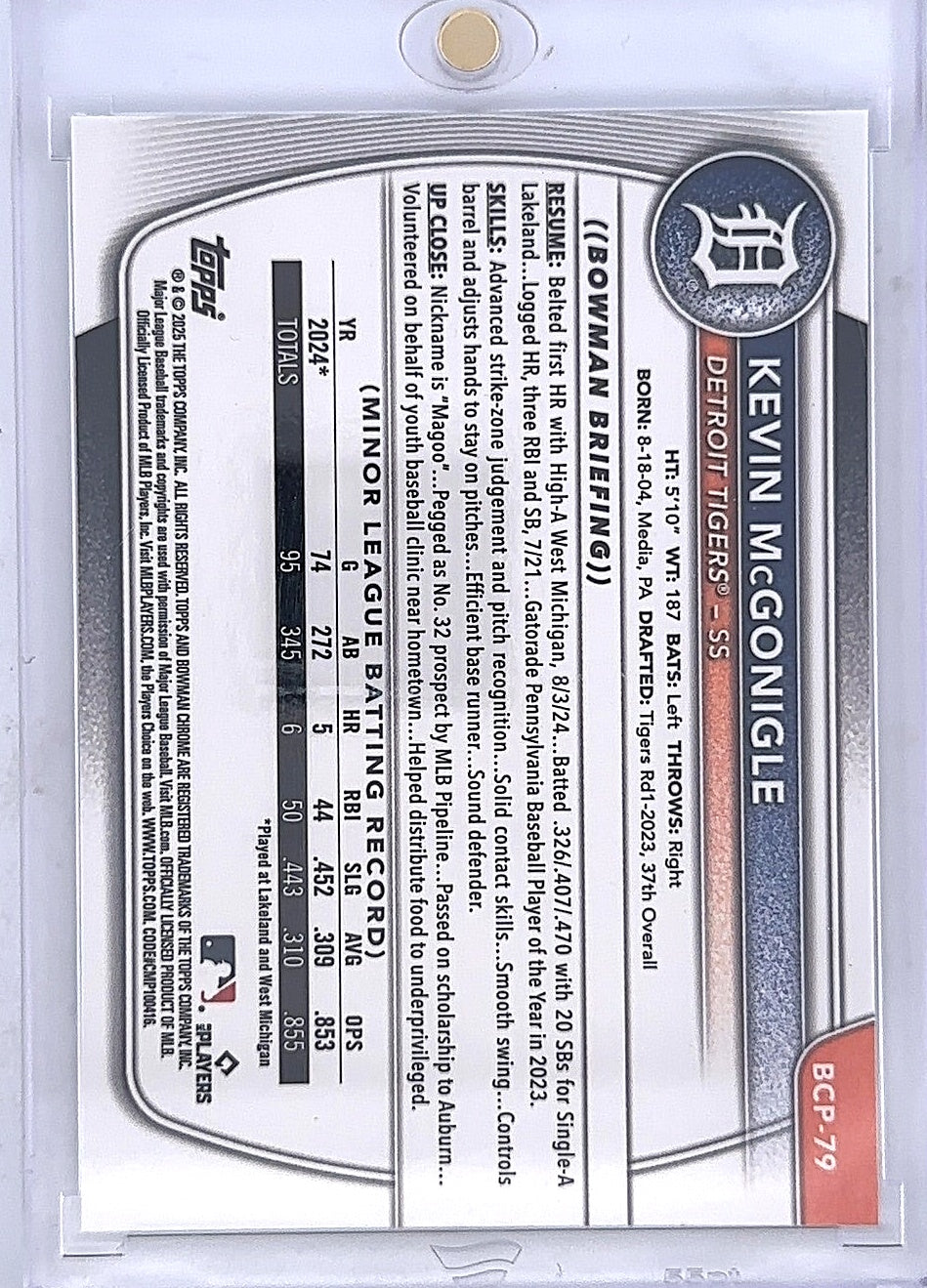Kevin McGonigle 154/350 Bowman Chrome — back