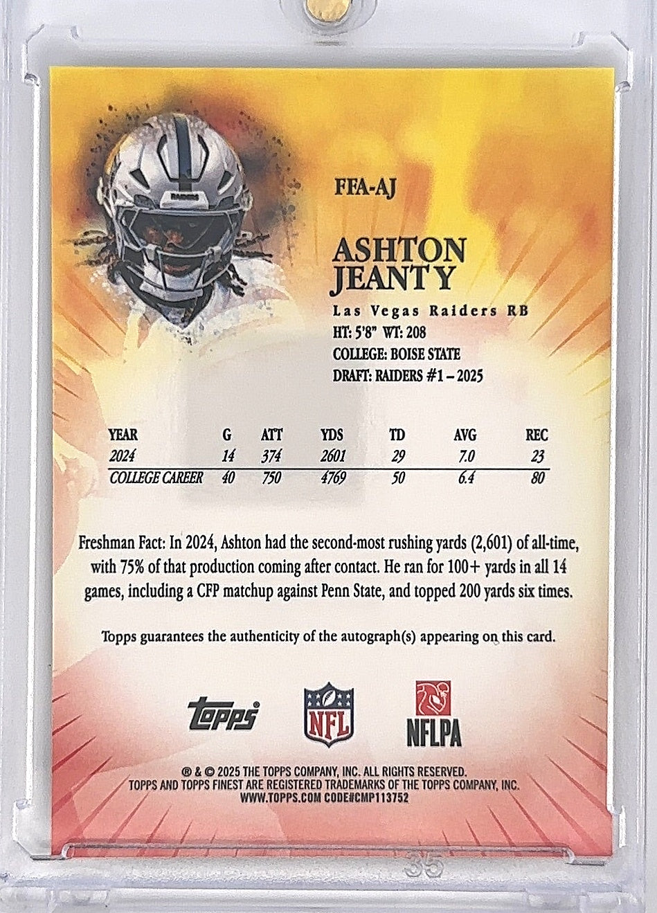 2025 Topps Finest Freshman Autograph Ashton Jeanty 38/50 [Gold Refractor] #FFA-AJ — back