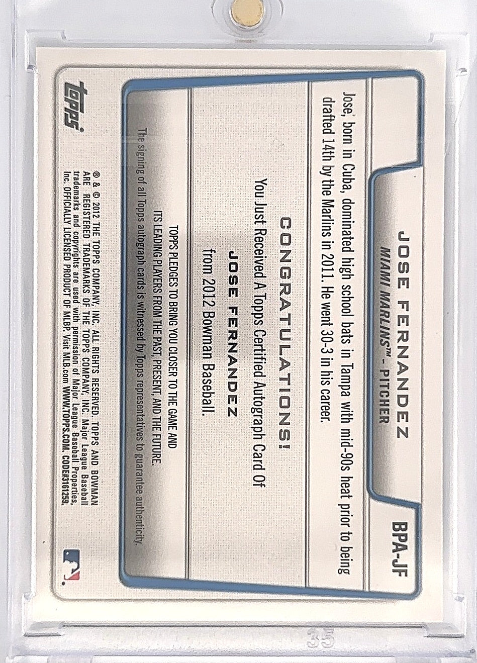 2024 Bowman Chrome Prospects Autograph Jose Fernandez #BPA-JF — back