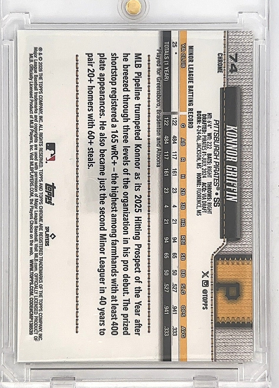 2026 Topps Chrome Konnor Griffin [Gold X-Fractor] #74 — back