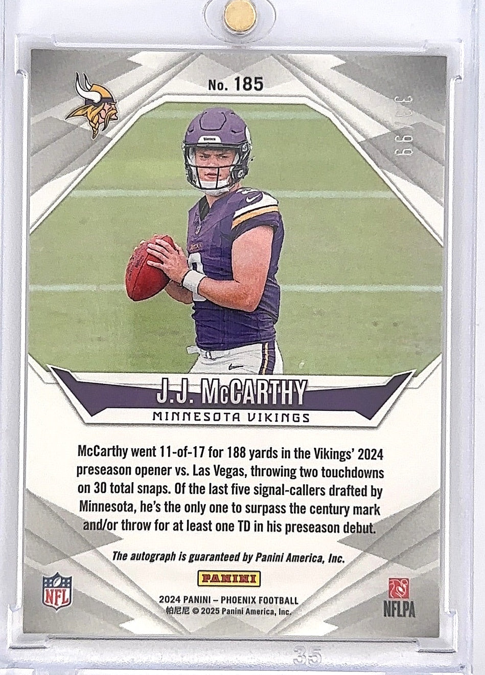 2024 Panini Phoenix J.J. McCarthy [Autograph Red] #185 — back