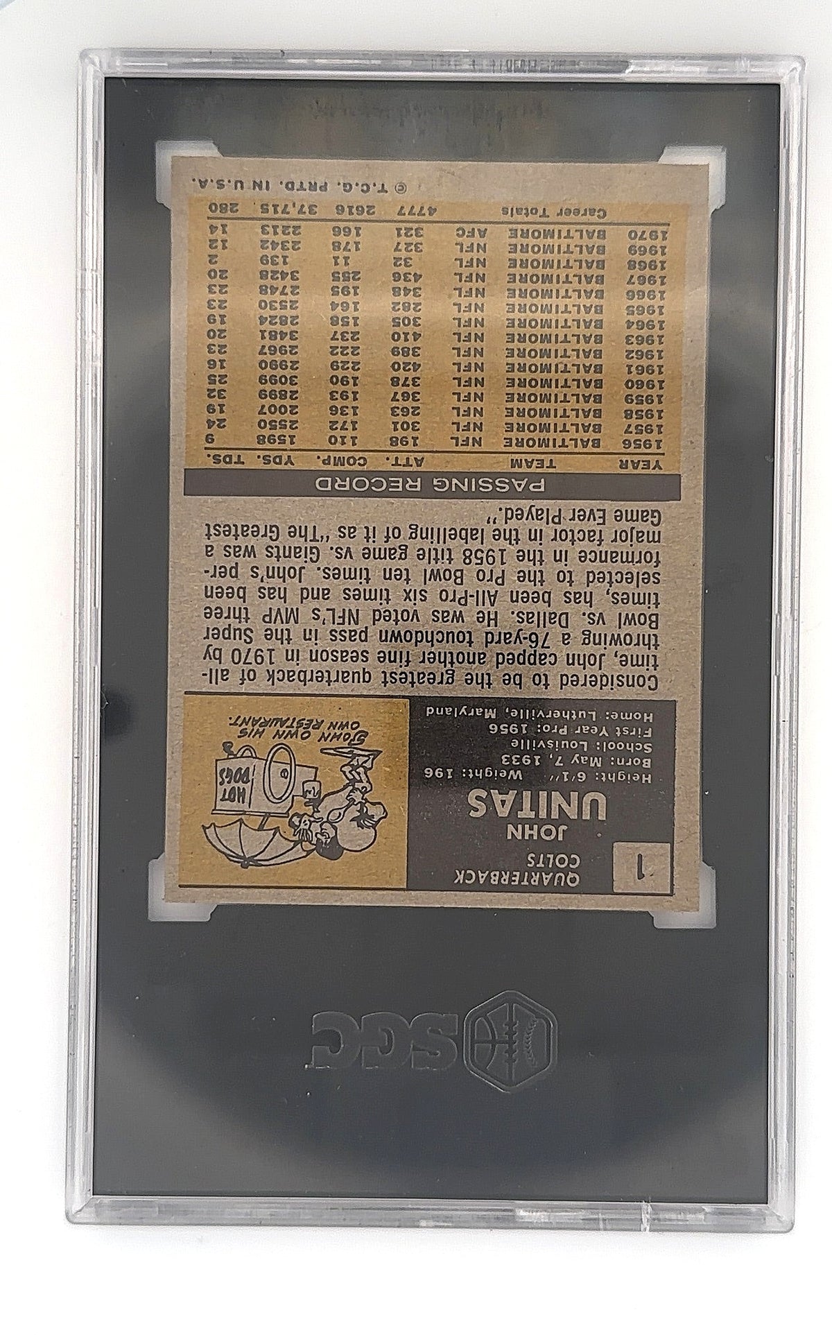 1971 Topps John Unitas #1 SGC 7 — back