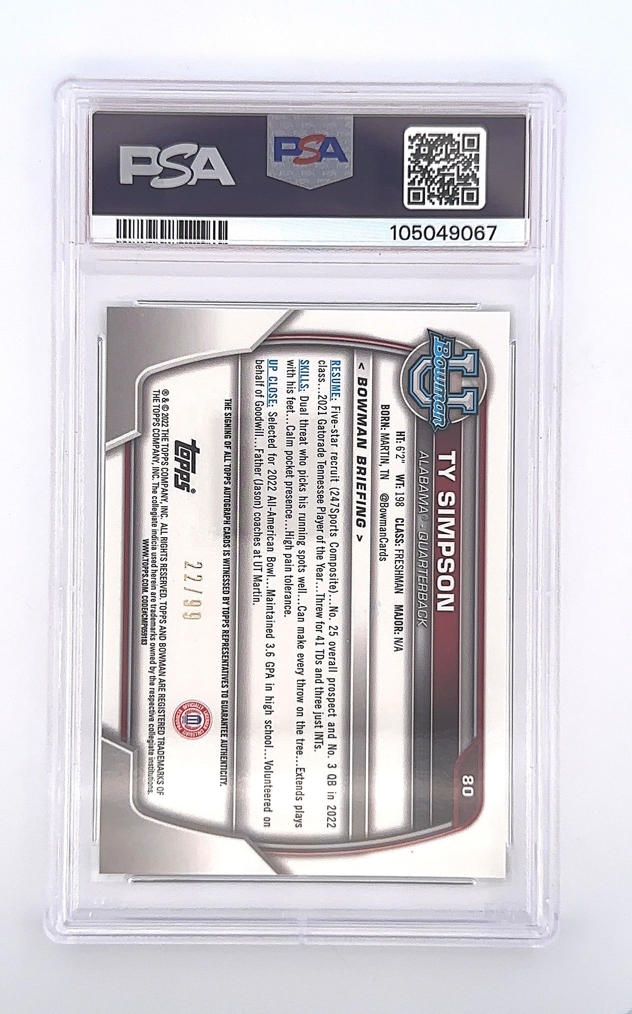 2022 Bowman Chrome University Ty Simpson [Autograph Green] #80 PSA 10 — back