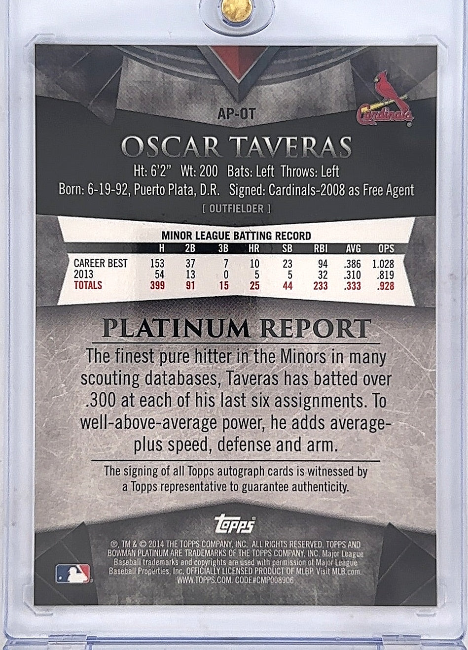 2014 Bowman Platinum Autograph Prospects Oscar Taveras [Green Refractor] #AP-OT — back