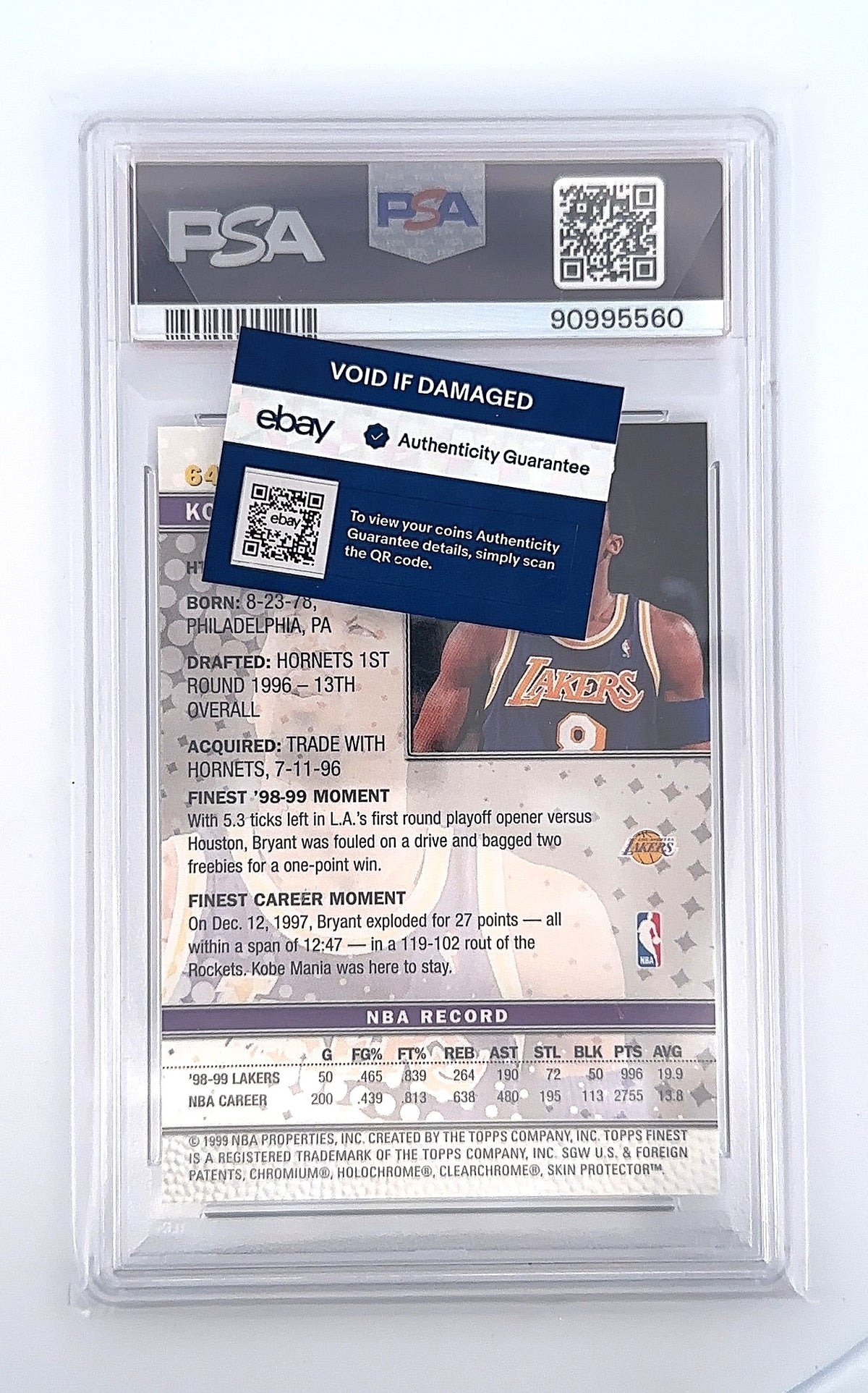 Kobe Bryant 1999 Finest #64 PSA GEM MT 10 — back
