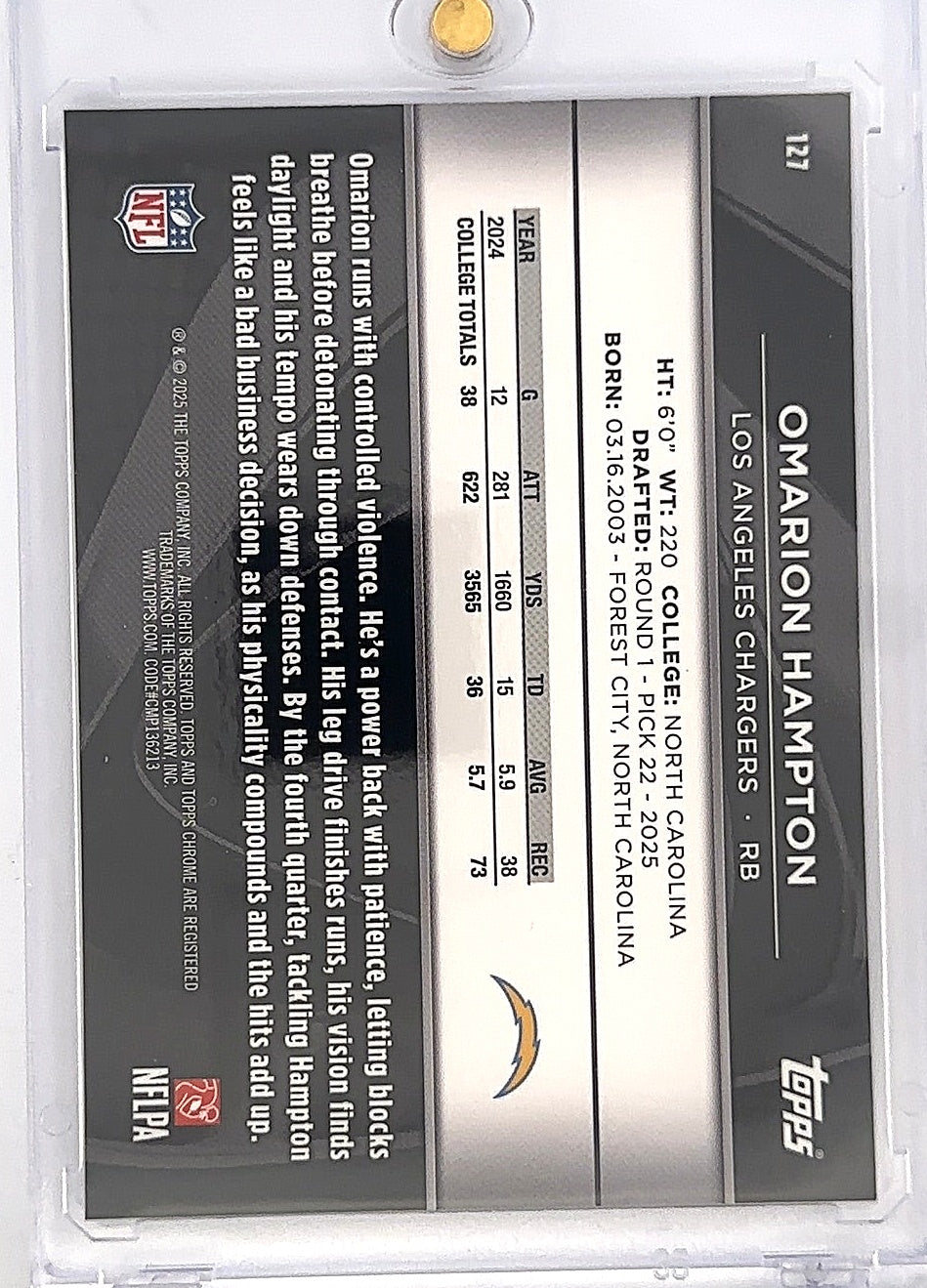 2025 Topps Chrome Black Omarion Hampton [Purple Refractor] /75 #127 — back