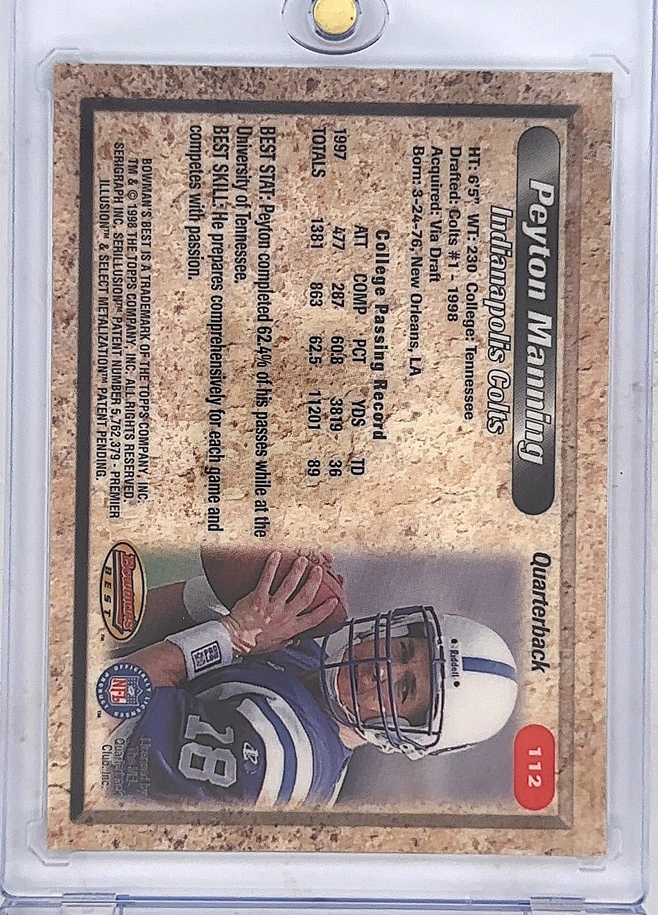 1998 Bowman's Best Peyton Manning #112 — back
