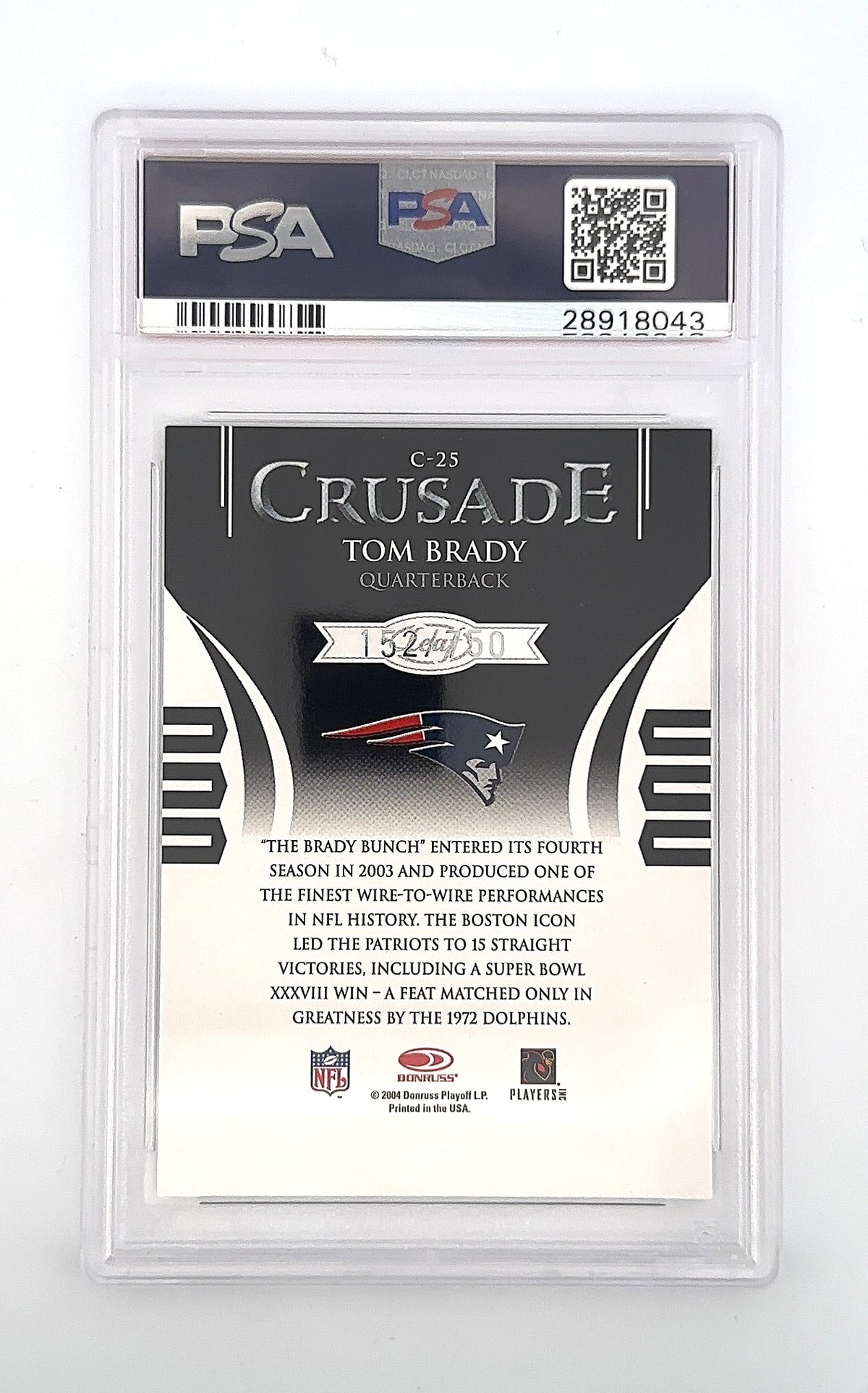 2004 Leaf Rookies & Stars Crusade Tom Brady [Green] #C-25 PSA 8 — back