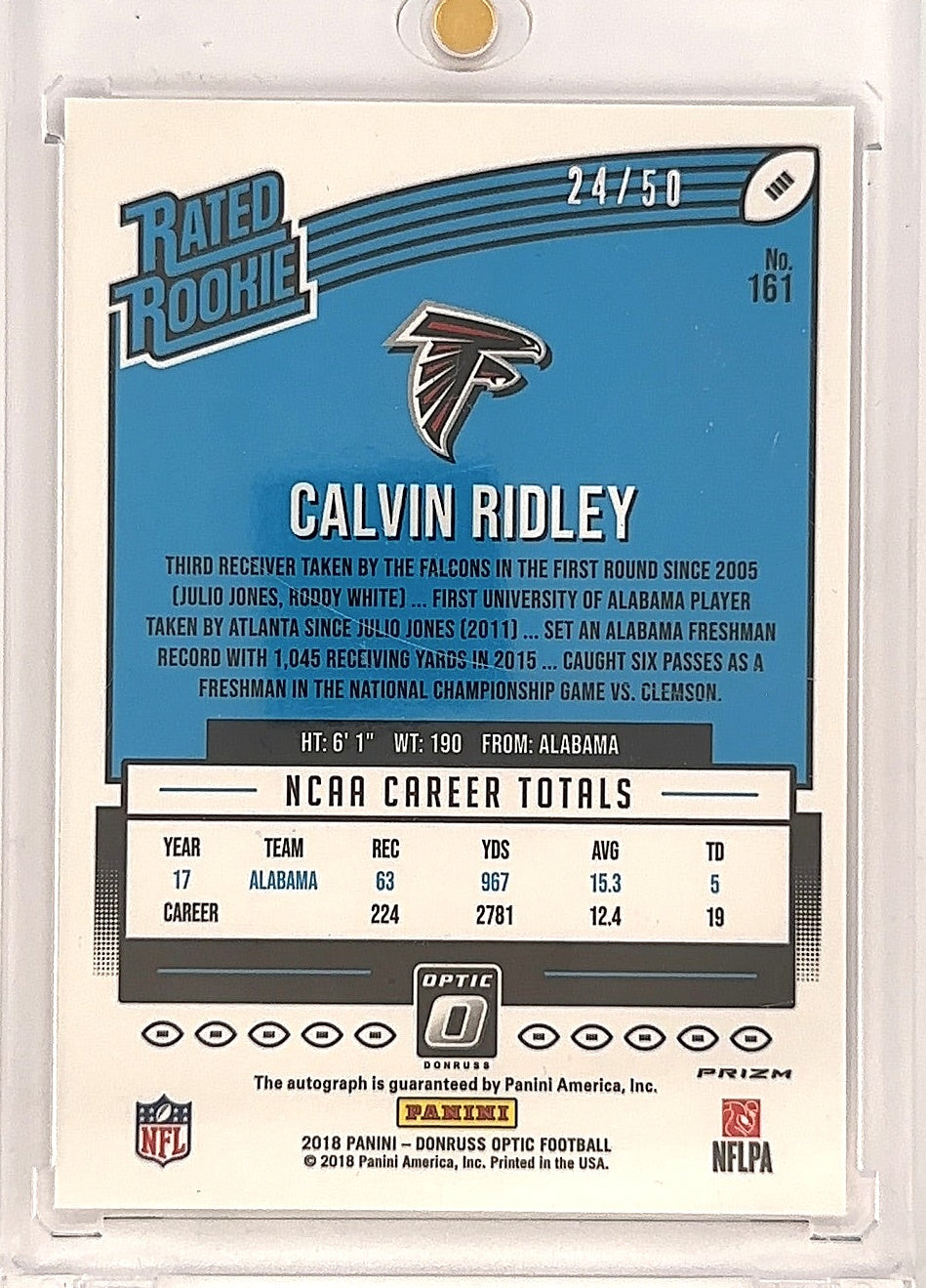 2018 Donruss Optic Calvin Ridley [Autograph Red] #161 — back