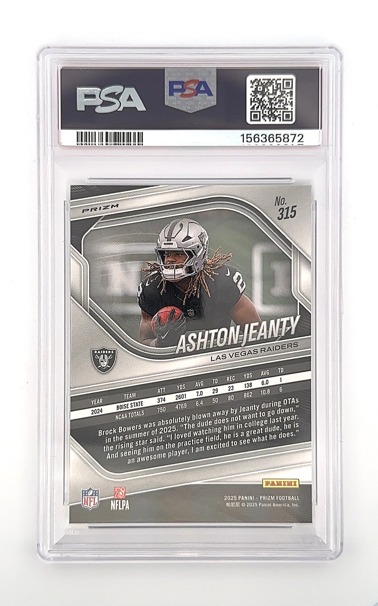 2025 Panini Prizm Ashton Jeanty [Lazer] #315 PSA 10 — back