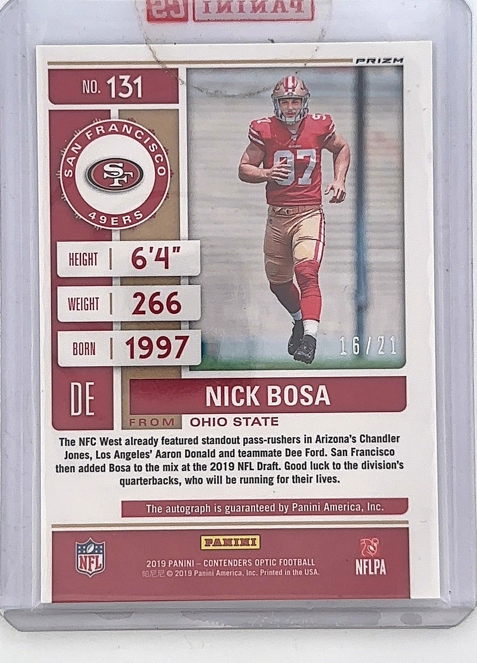 Nick Bosa 2019 Rookie Contender Optic Ticket Autograph 16/21 — back