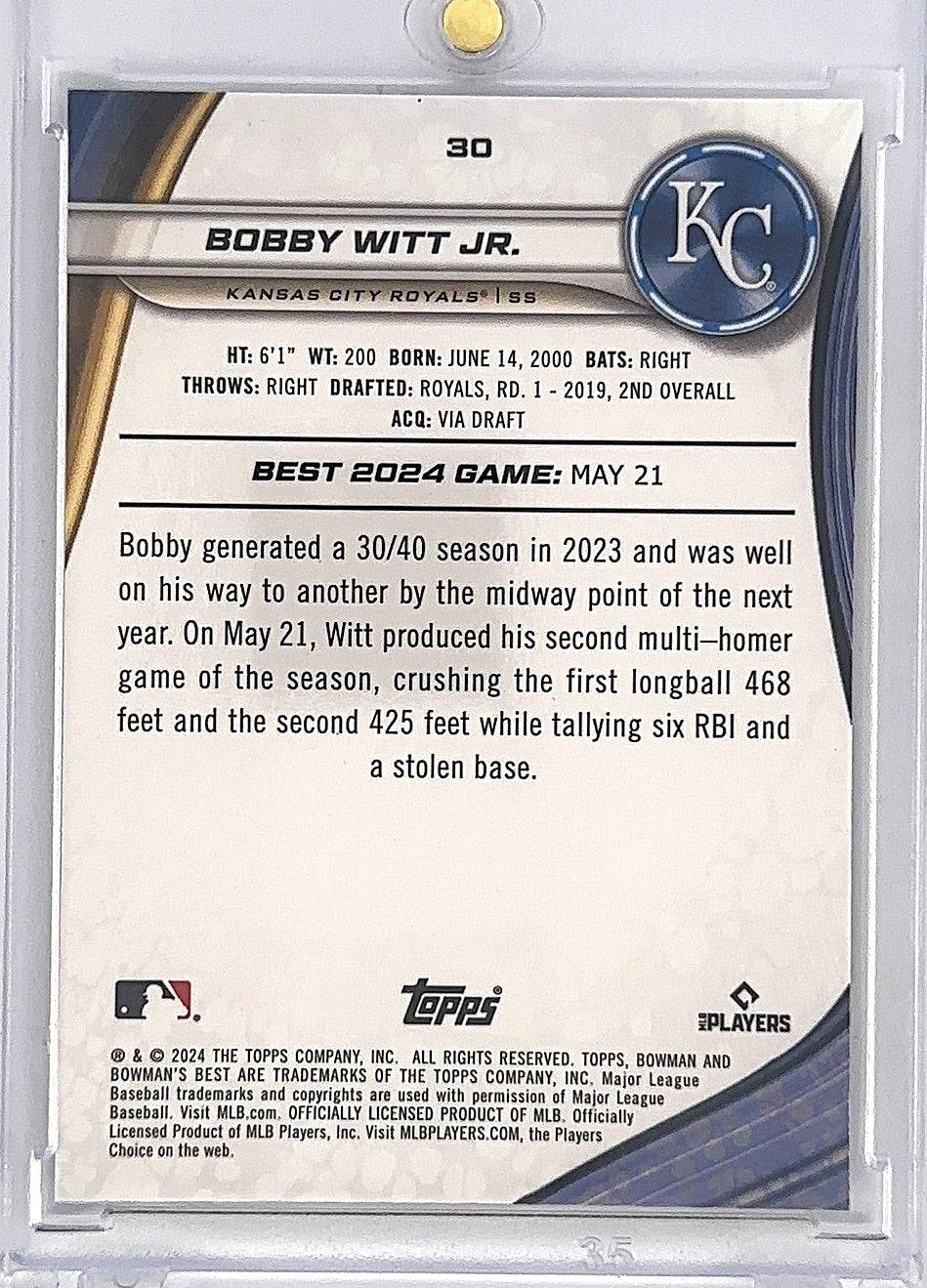 2024 Bowman's Best Bobby Witt Jr. [Blue Refractor] #30 — back