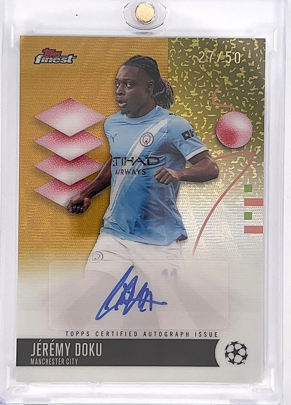 Jeremy Doku Topps Finest Gold Auto /50 — front