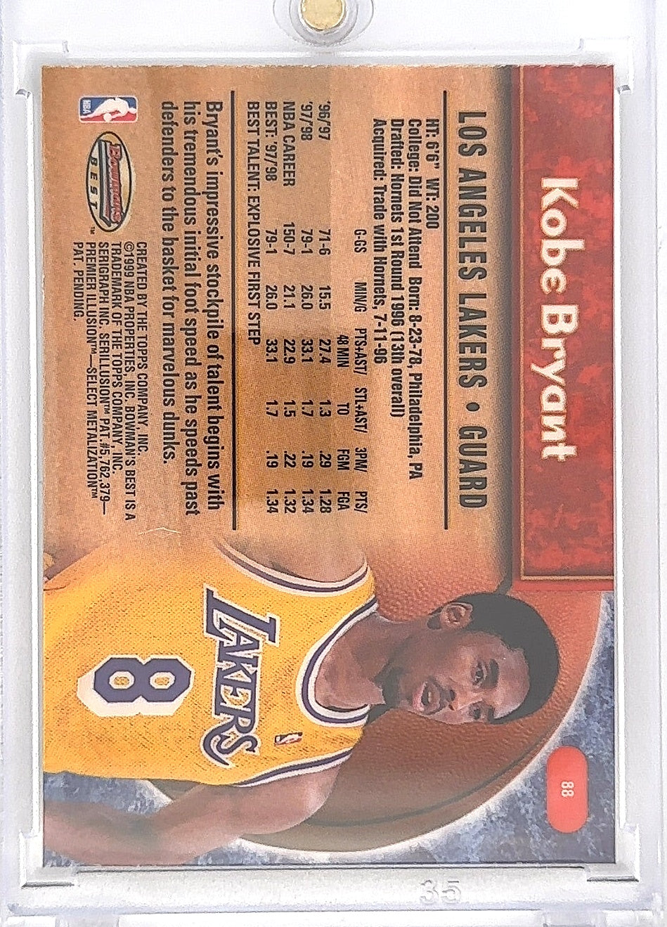 1998 Bowman's Best Kobe Bryant #88 — back