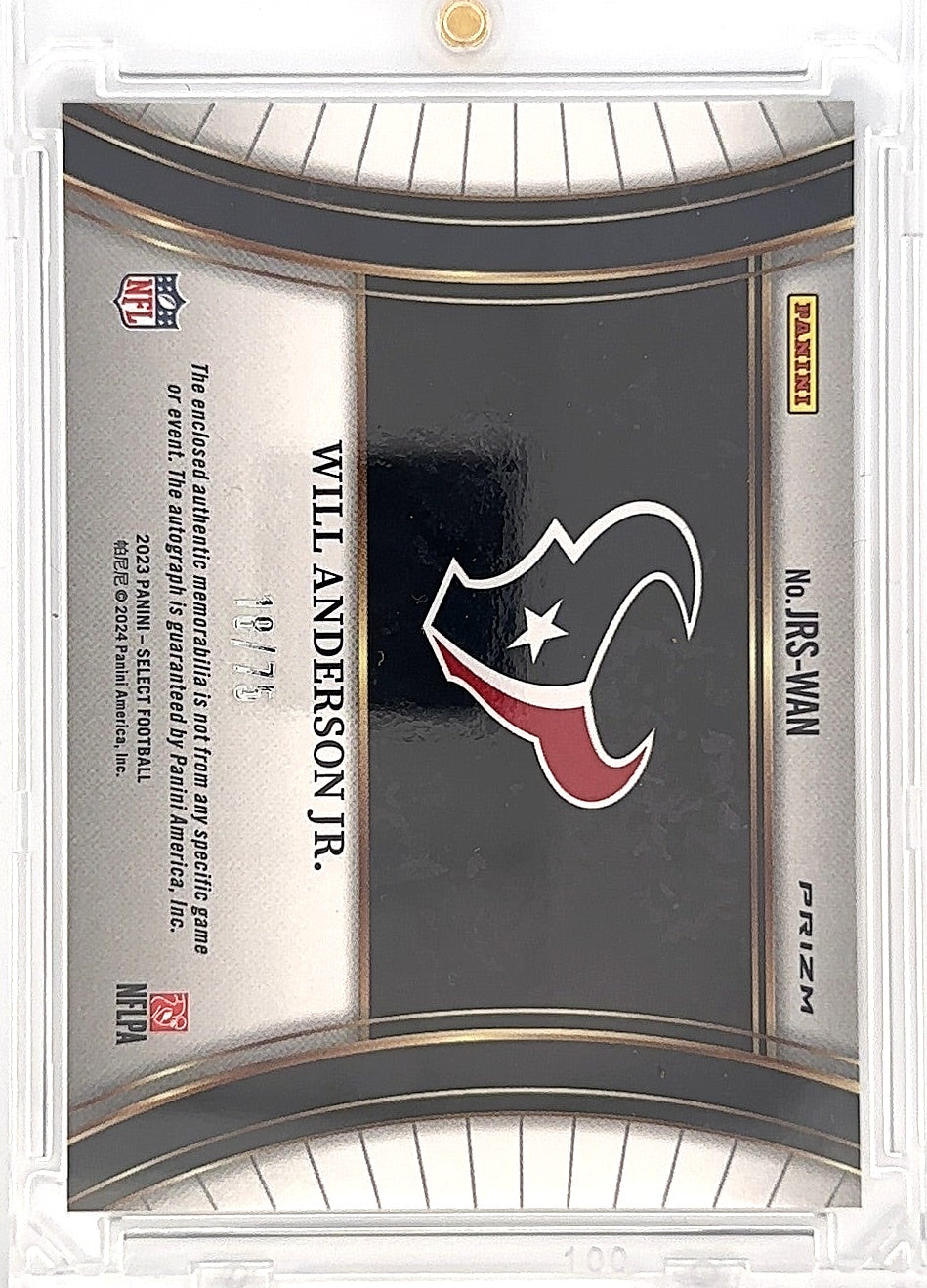 2023 Select Will Anderson Jr. Patch Auto #JRS-WAN 18/75 — back