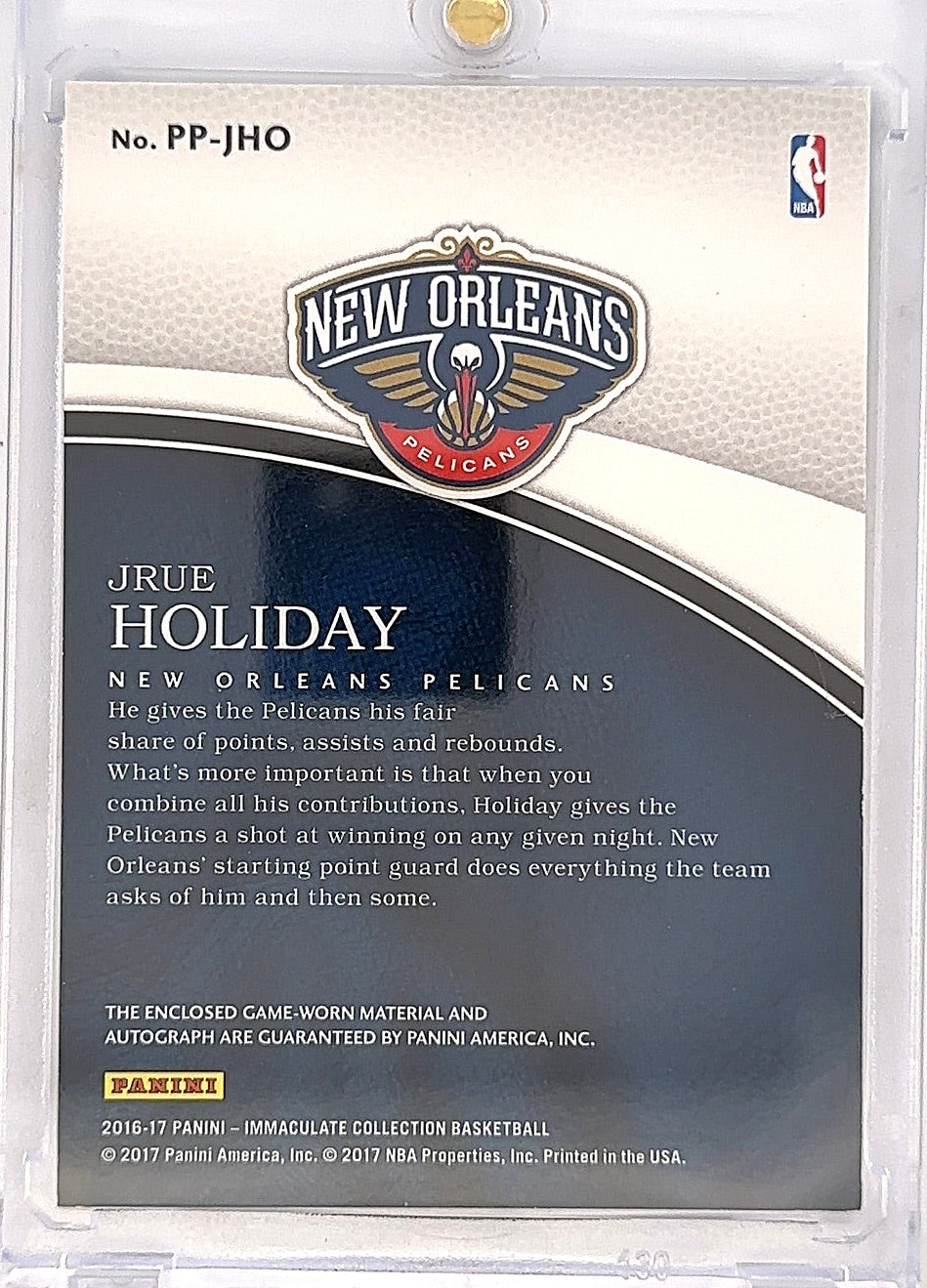 2016-17 Panini Immaculate Collection Premium Patch Autographs Jrue Holiday #PP-JHO /25 — back