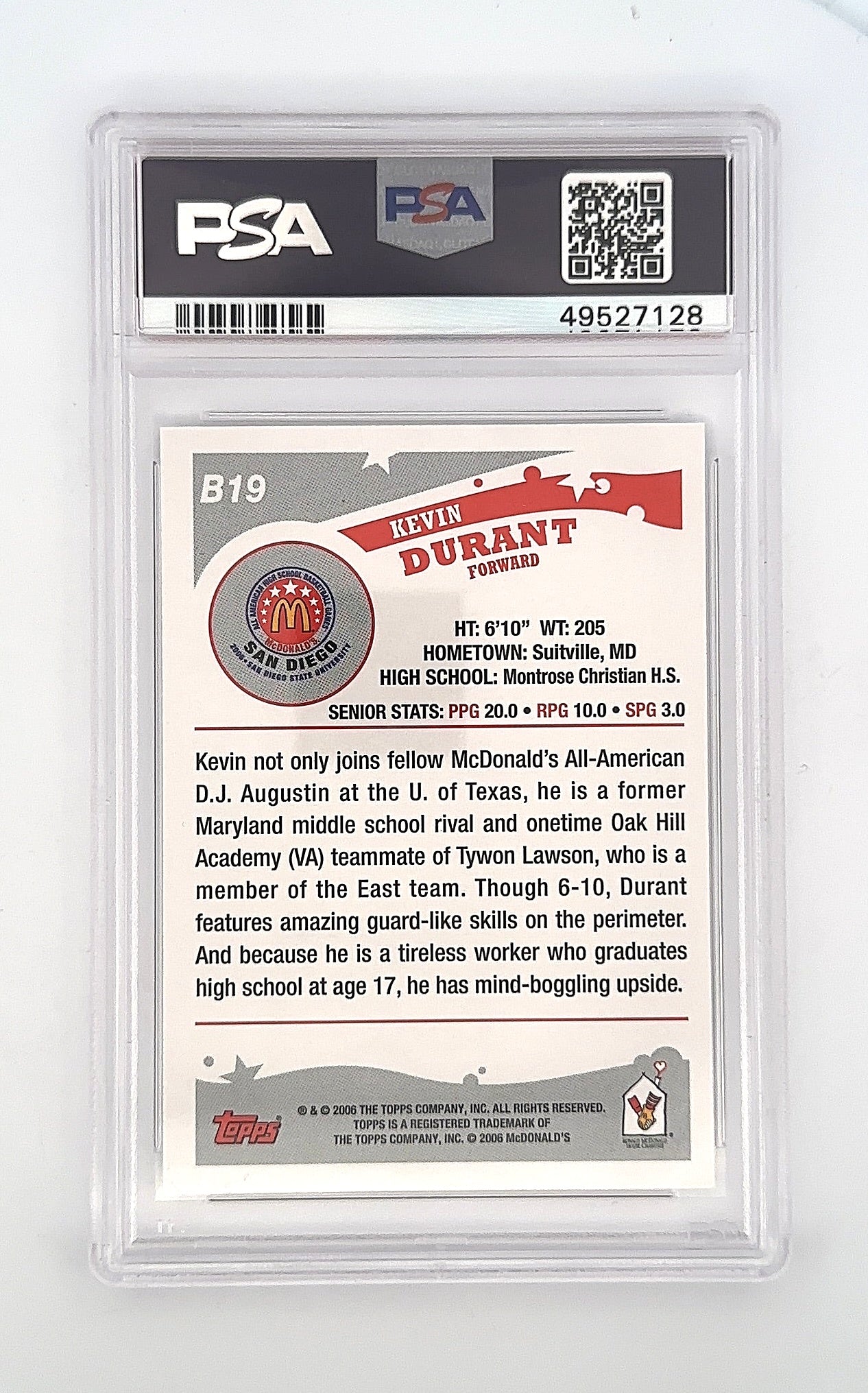 2006 Topps McDonald's All American Kevin Durant #B19 PSA 9 — back