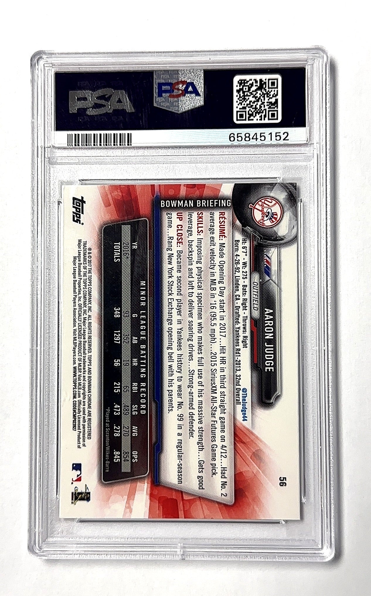 2017 Bowman Chrome Aaron Judge [Batting] #56 RC PSA 10 — back