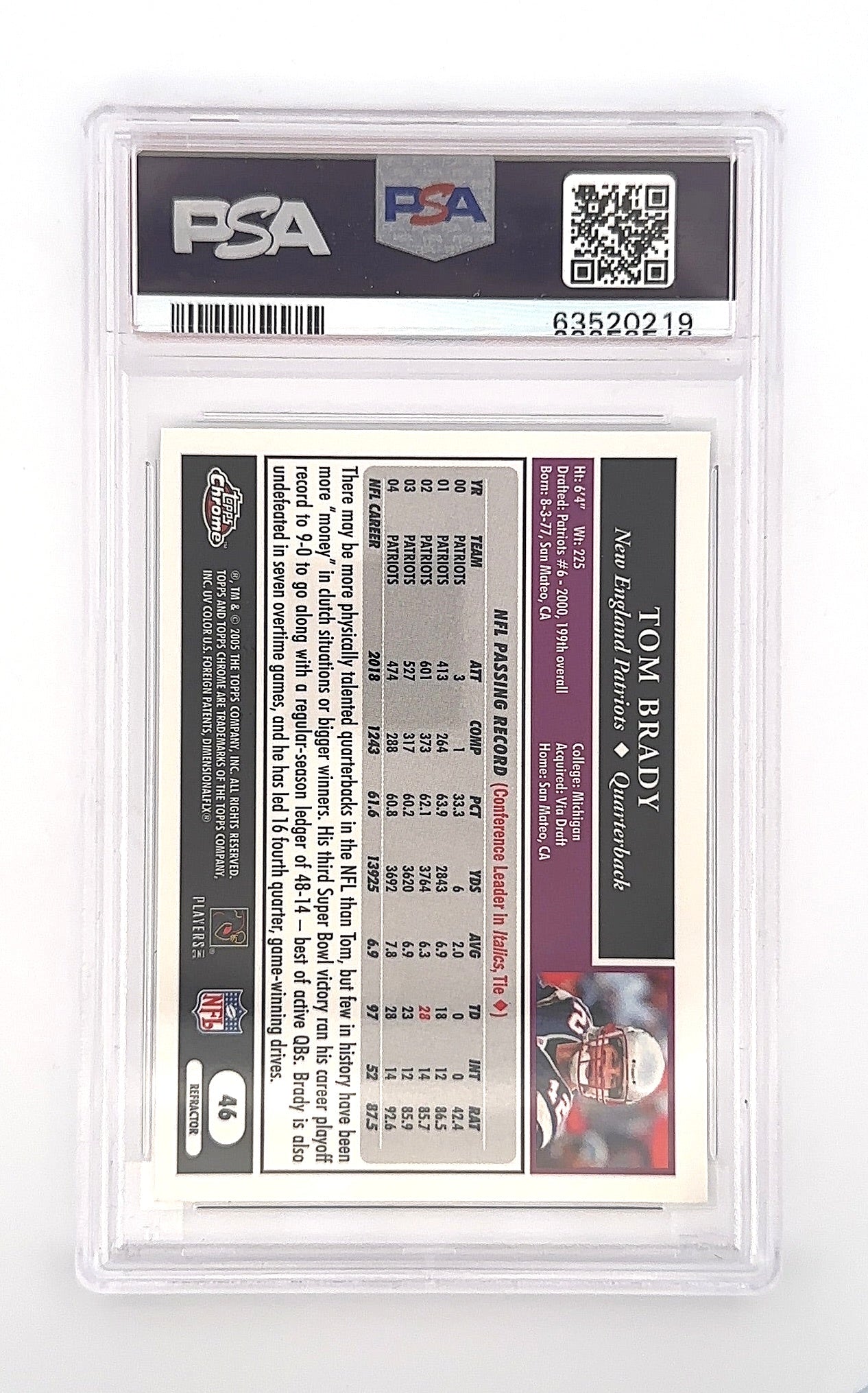 2005 Topps Chrome Tom Brady [Refractor] #46 PSA 8 — back