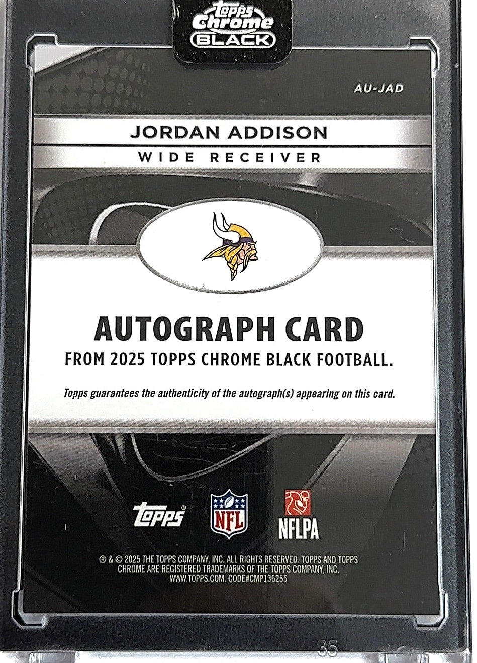 2025 Topps Chrome Black Autograph Jordan Addison [Gold Refractor] #AU-JAD RC AUTO — back