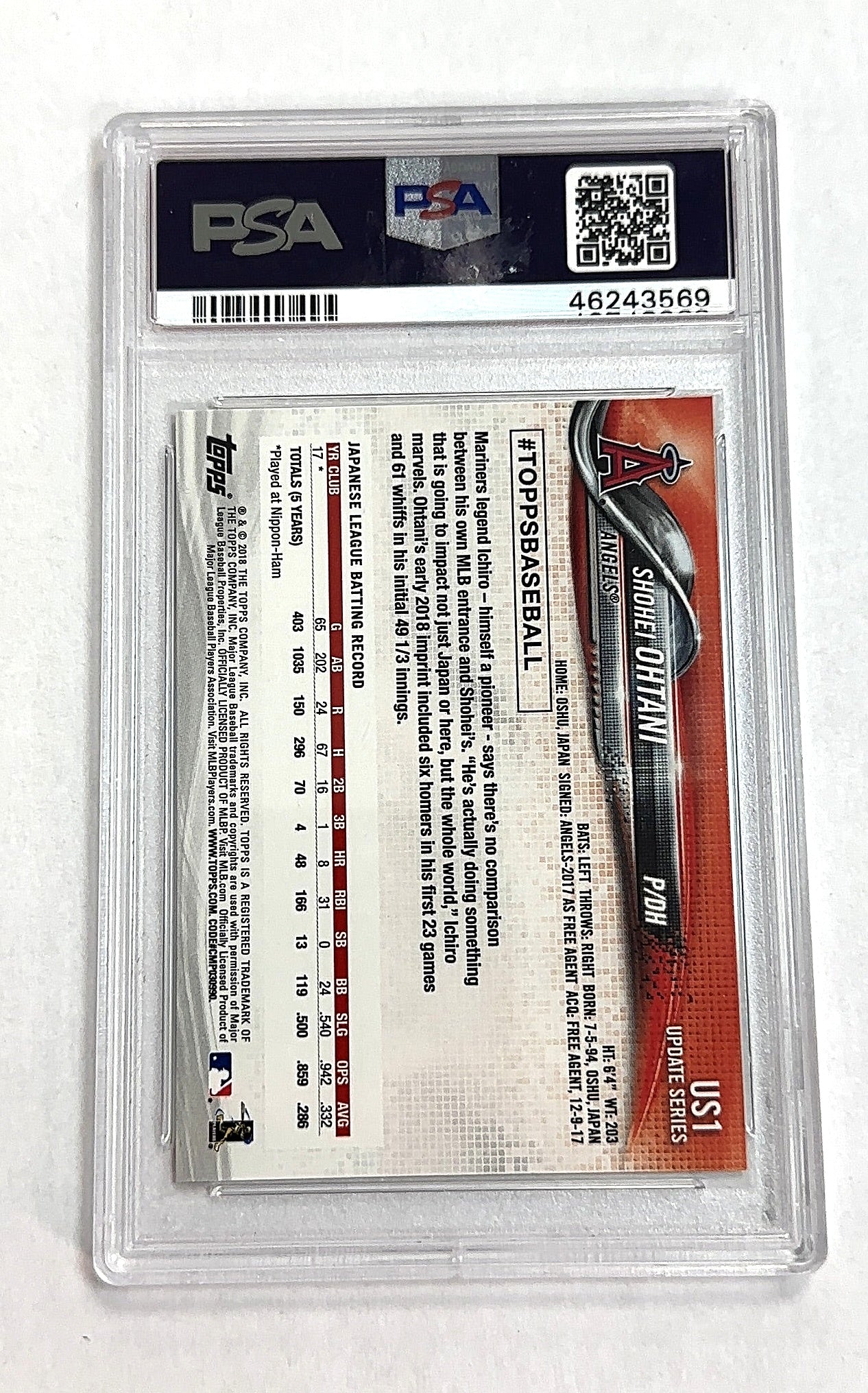 2018 Topps Update Shohei Ohtani [Pitching Red Jersey] #US1 RC PSA 9 — back