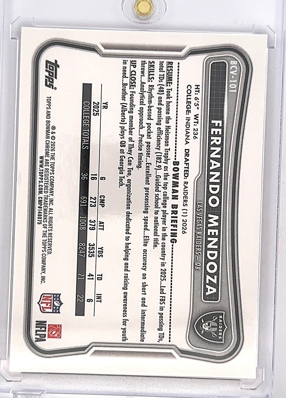 2026 Bowman Chrome NFL Fernando Mendoza /250 [Pink Refractor] #BCV-101 — back