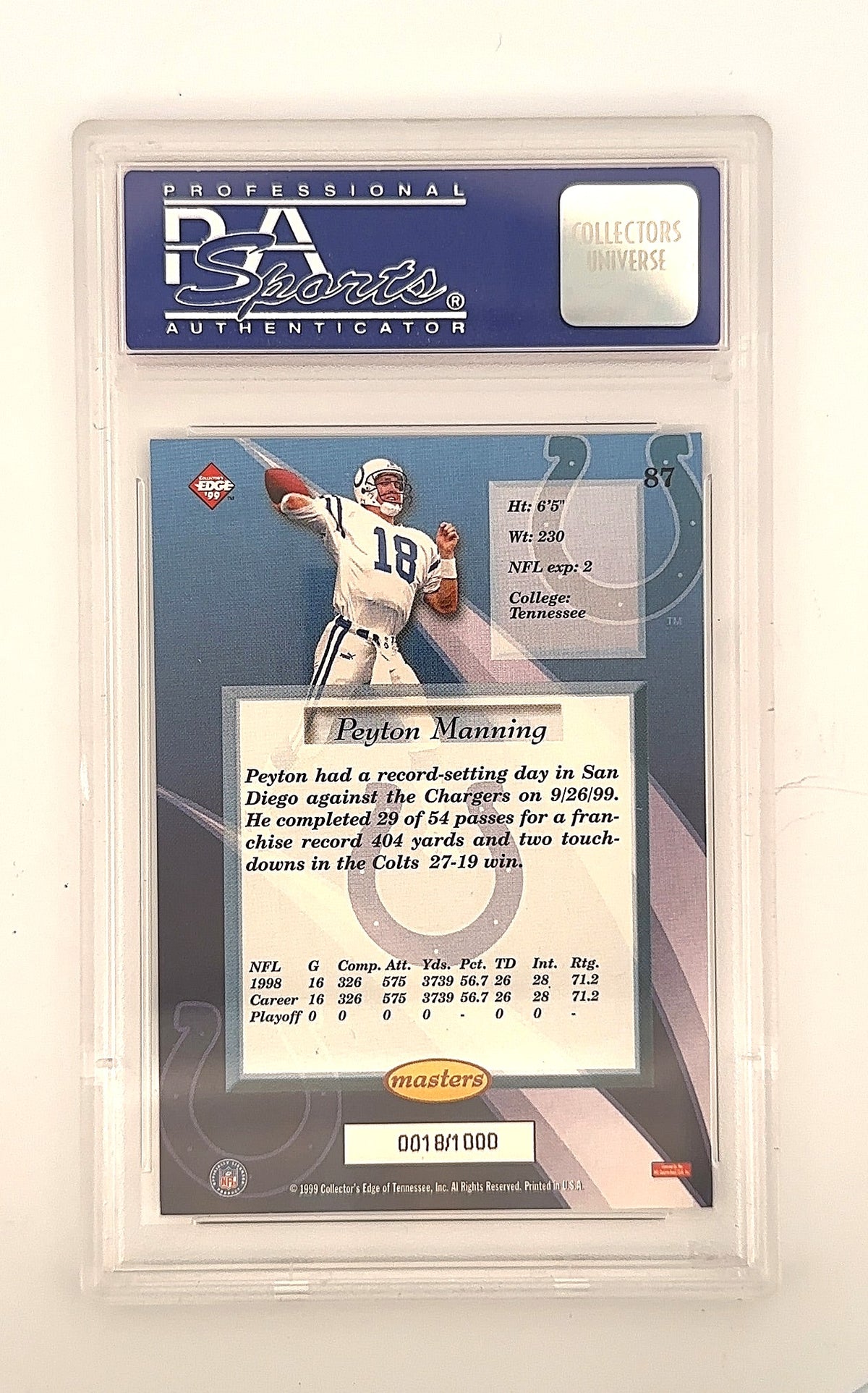 Peyton Manning 1999 Masters Galvanized #87 PSA NM-MT 8 — back