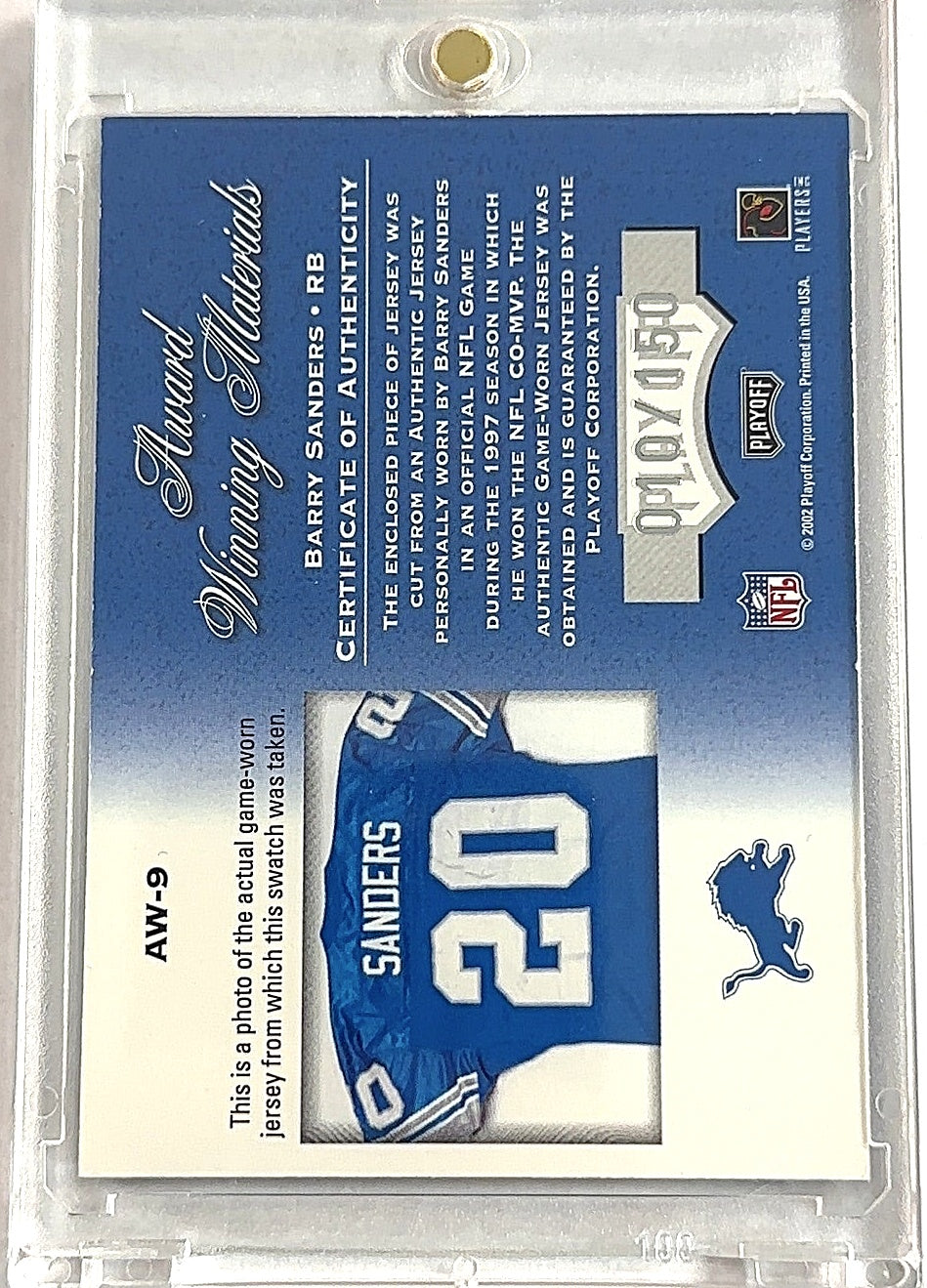Barry Sanders 2002 Honors Patch Auto AW-9 /150 — back