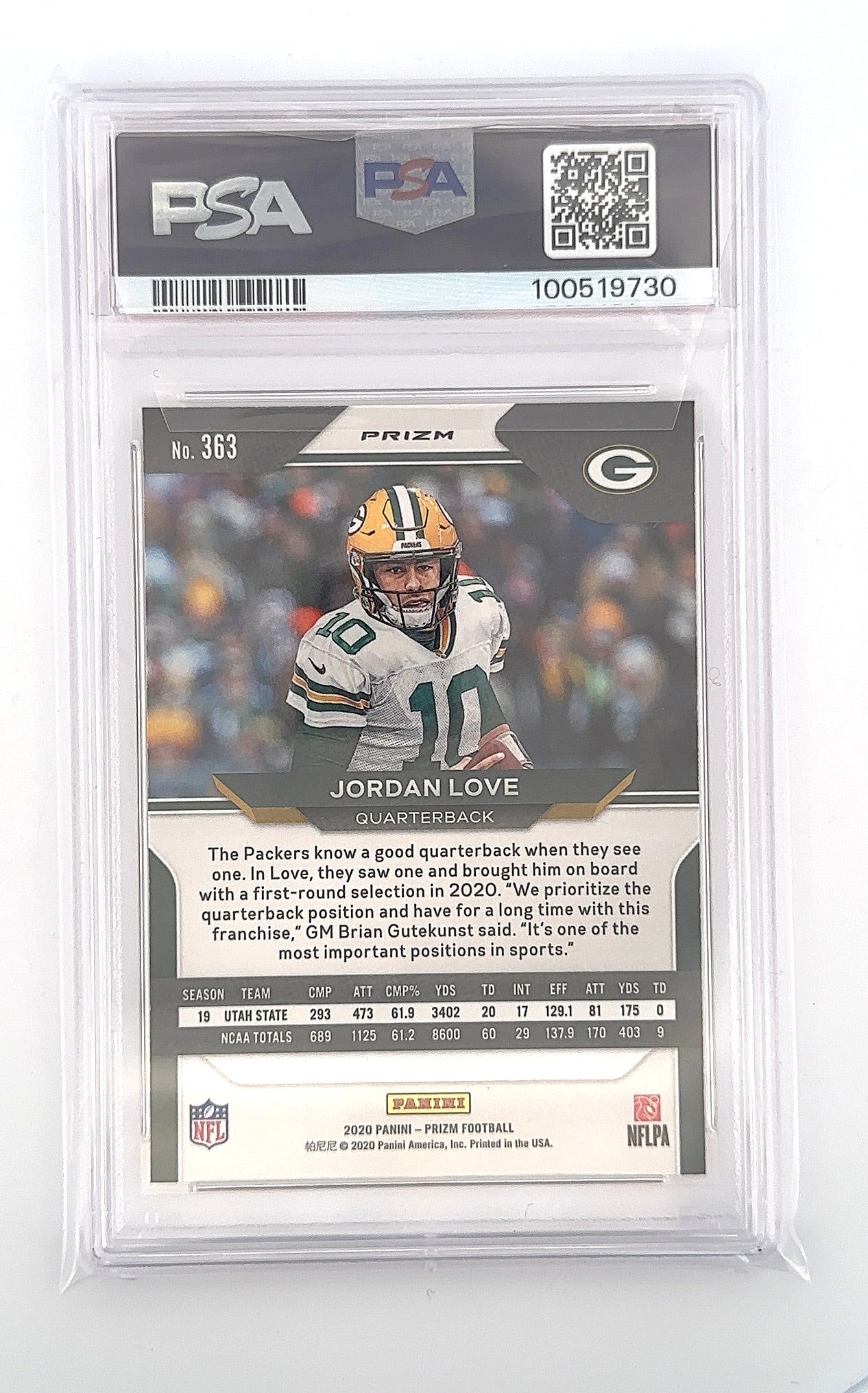 Jordan Love 2020 Panini Lazer Prizm PSA GEM MT 10 — back
